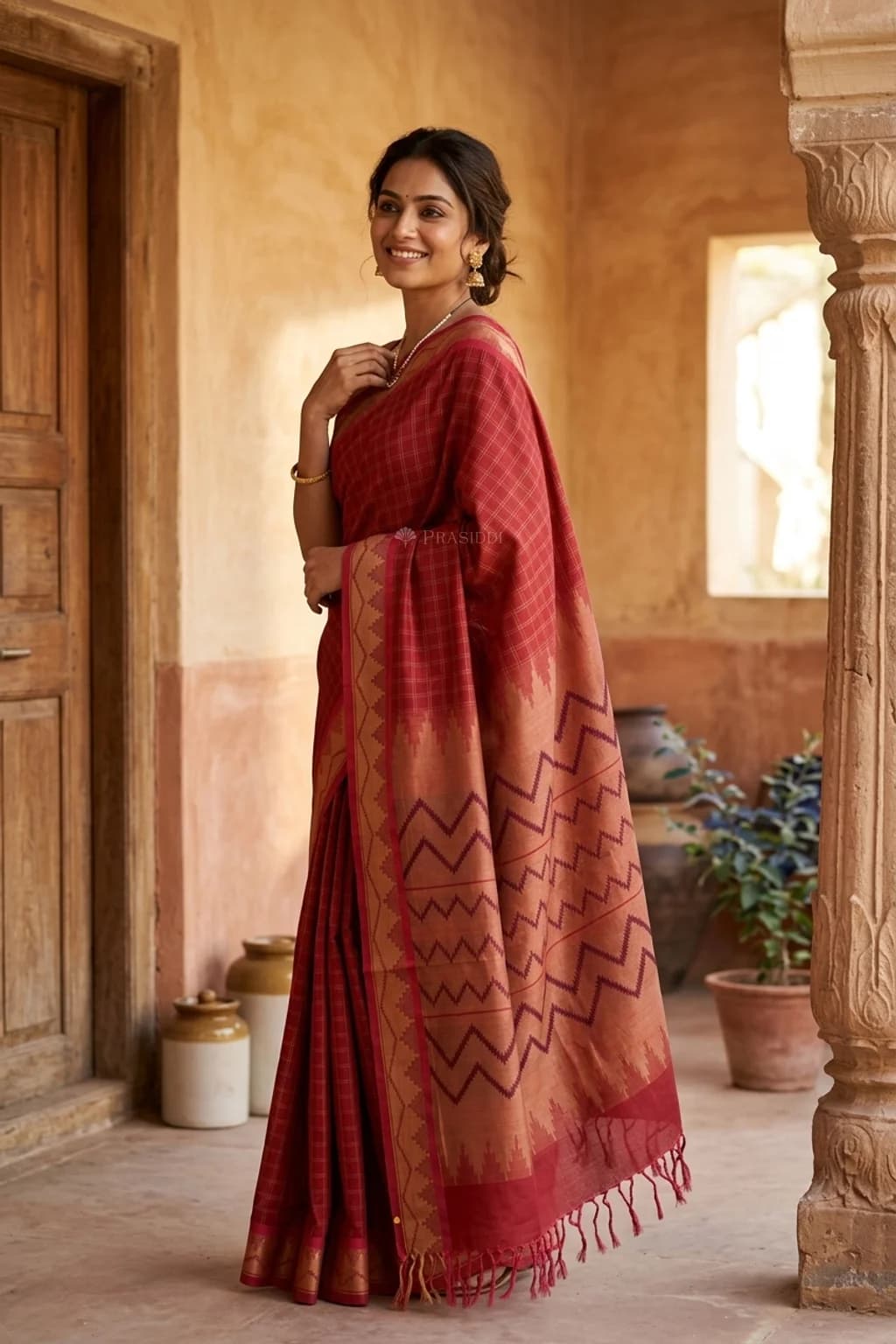 Magenta Tadapathri Cotton Saree with Temple Border and Checked Body Design. – Model Displaying Full Saree