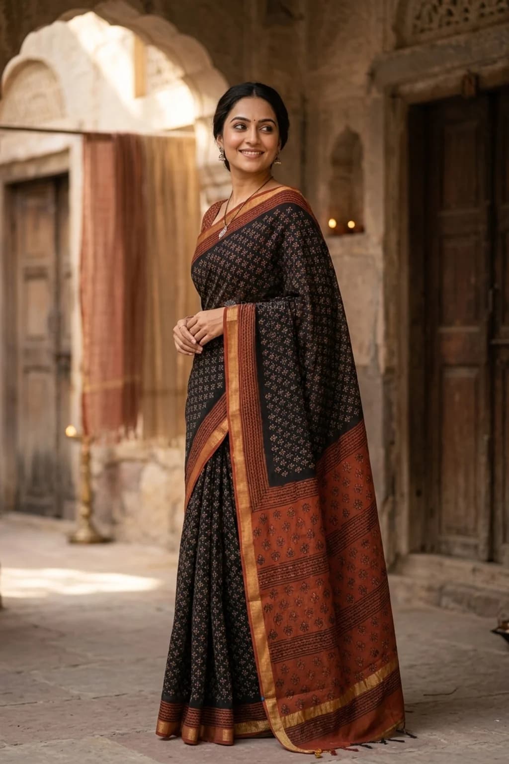 Maheshwari Silk Cotton Saree with Contrast Woven Zari Border and Printed Design. – Model Displaying Full Saree