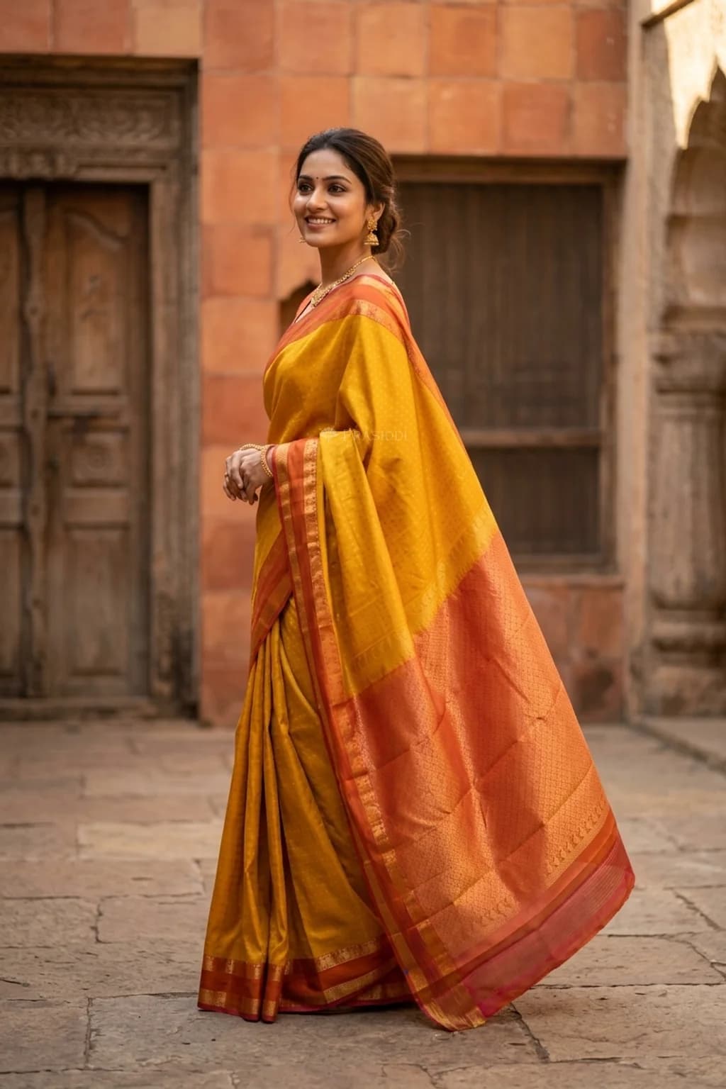 Marigold & Orangish Rust Silk Saree with Woven Work and Contrast Border, Designer Border – Model Displaying Full Saree