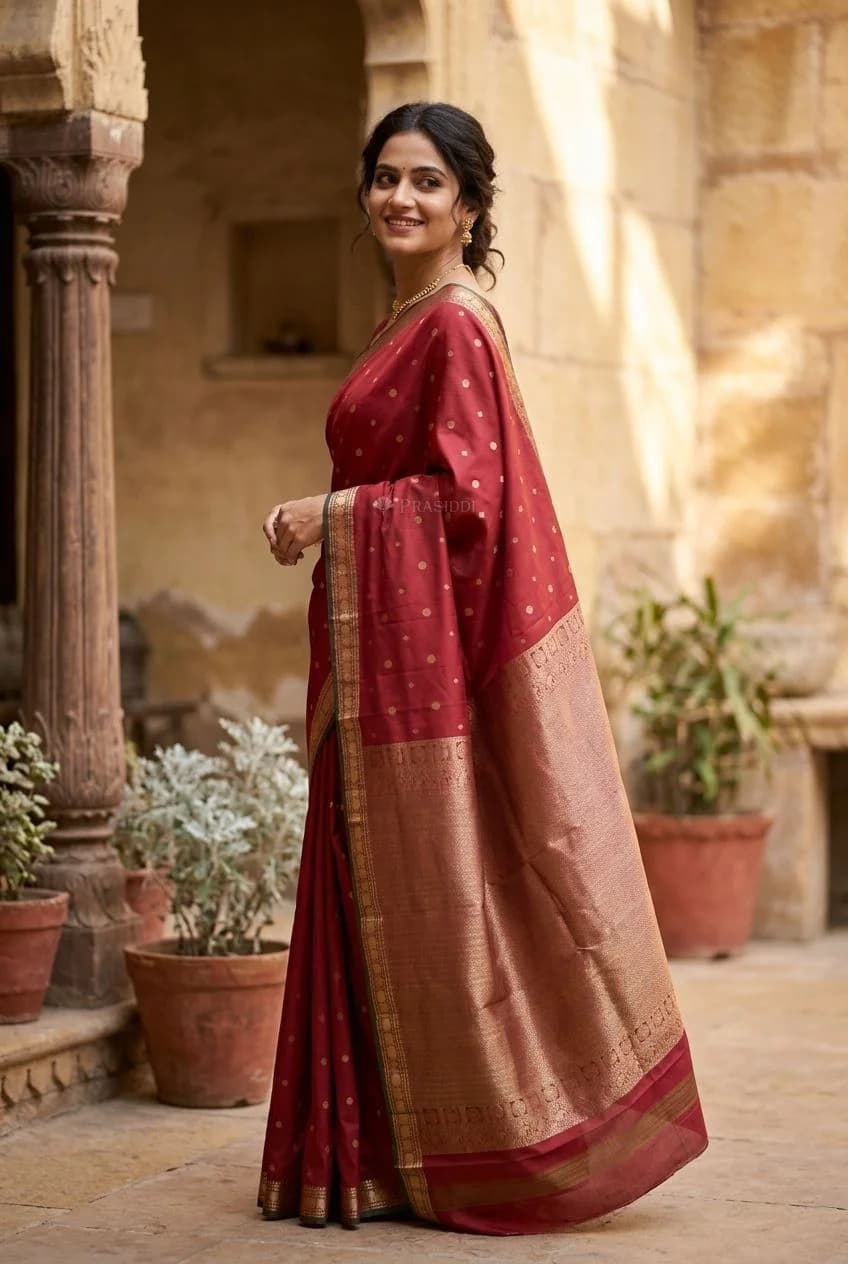 Maroon and Bottle Green Traditional Silk Saree with Classical Border and Woven Motifs. – Model Displaying Full Saree