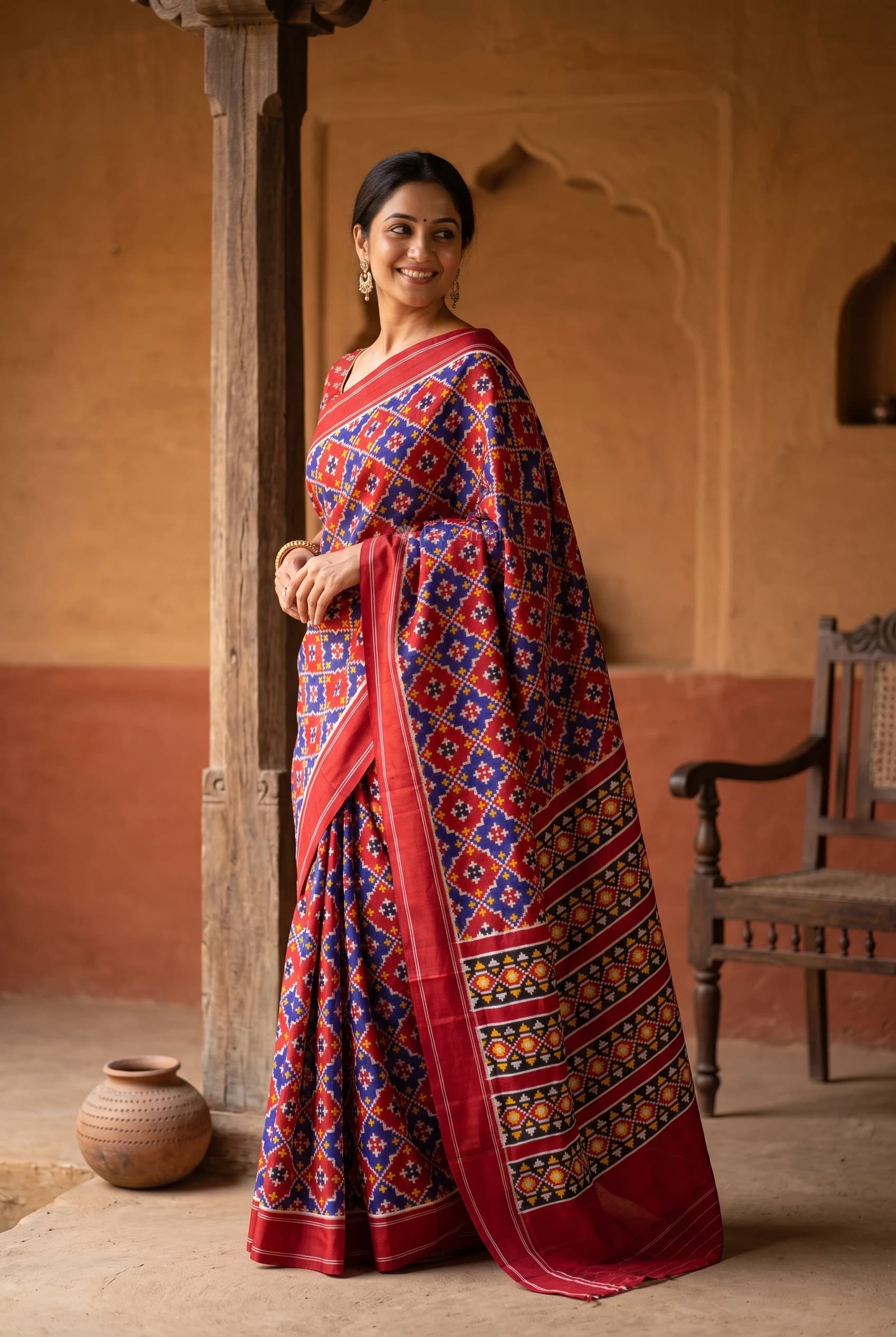Maroon and Royal Blue Ikat Silk Saree with Contrast Border and Dense Design. – Model Displaying Full Saree