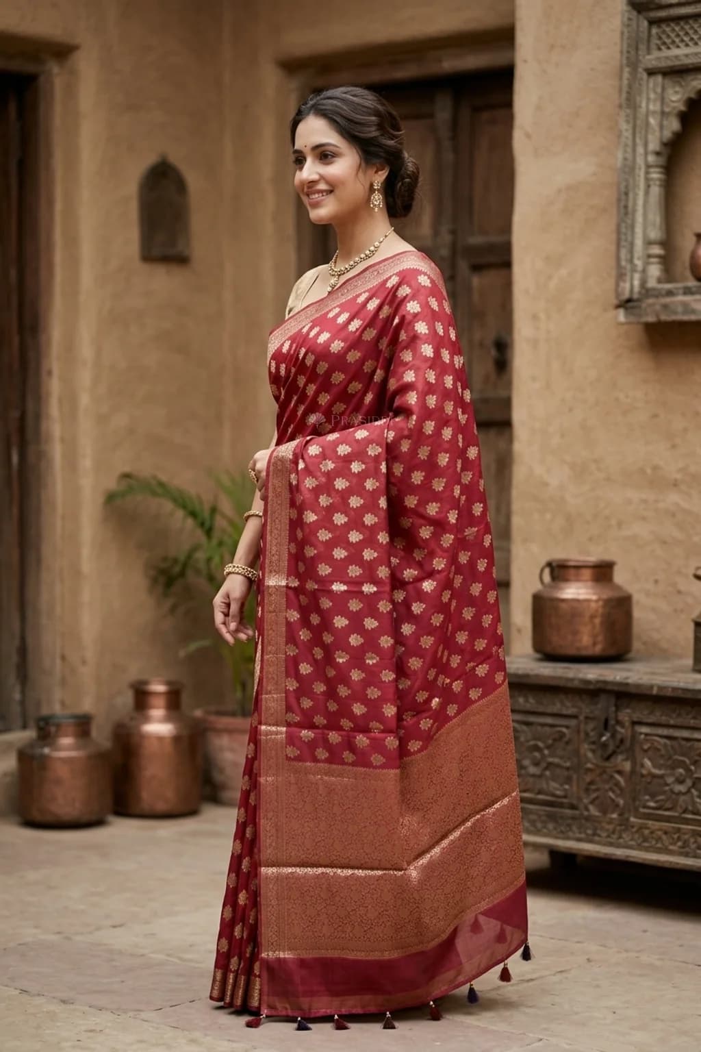 Maroon Silk Cotton Saree with Classical Butti Design and Border. – Model Displaying Full Saree