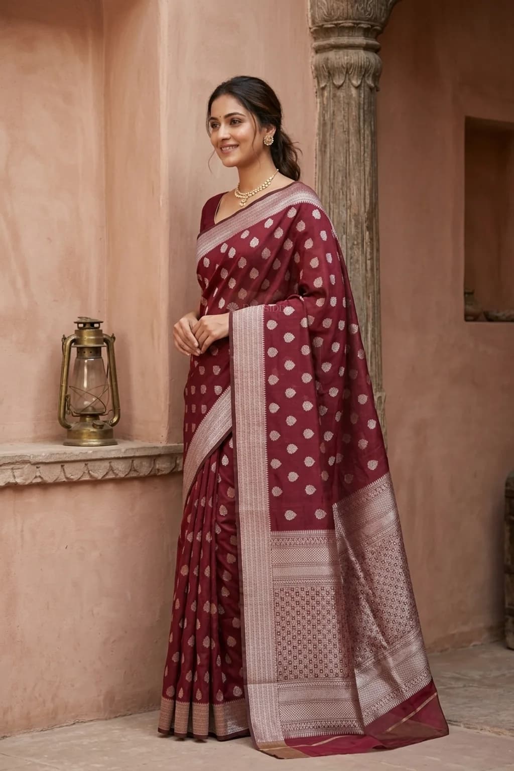 Maroon Silk Cotton Saree with Woven Work and Motif and classical border border – Model Displaying Full Saree
