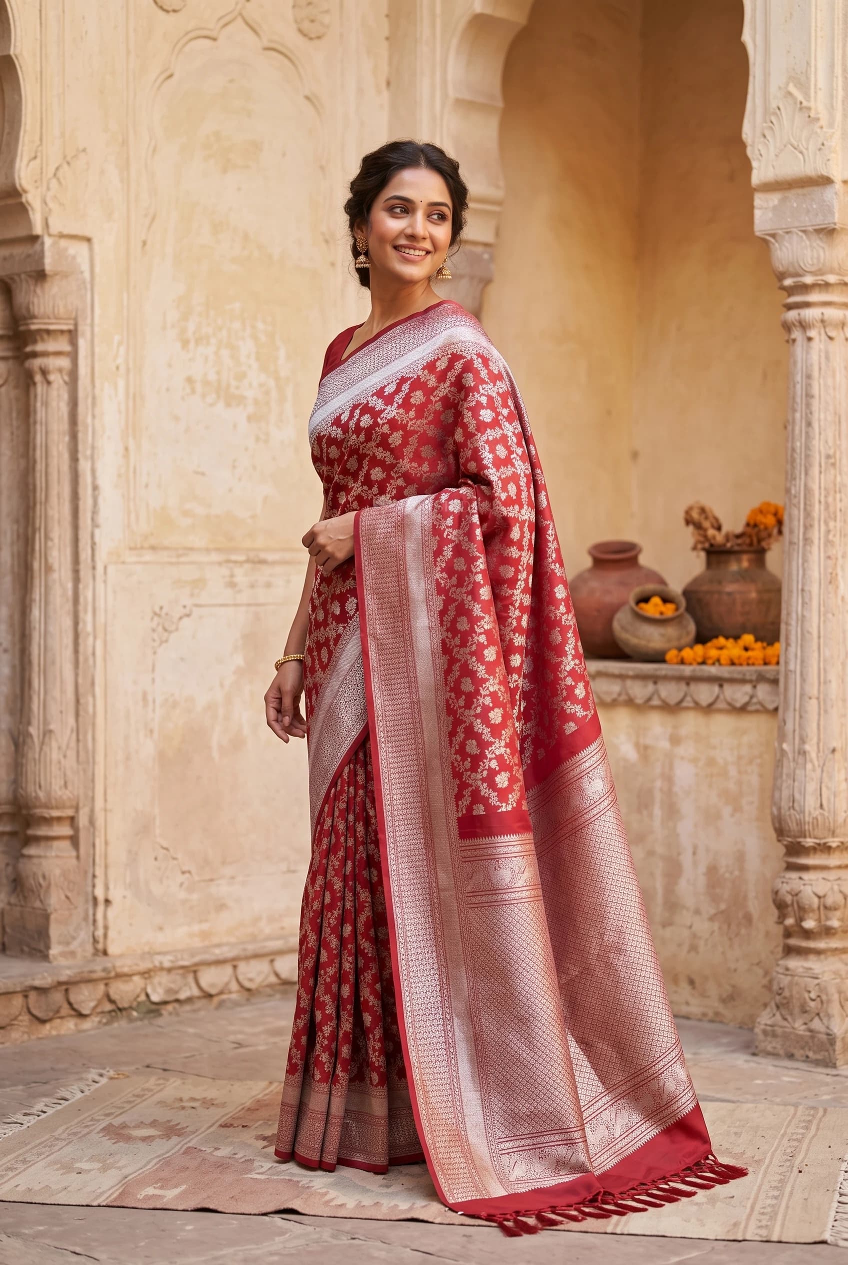 Maroon Silk Saree with a Designer Border, Ideal for Weddings and Festive Events. – Model Displaying Full Saree