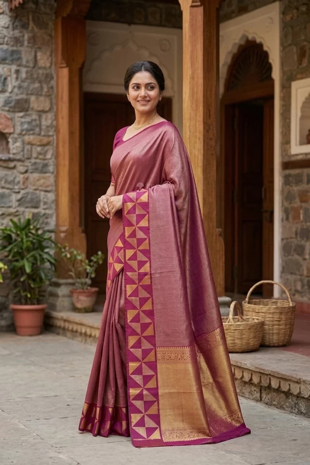 Maroon Silk Saree with a Designer Border, Suitable for Weddings and Festive Occasions. – Model Displaying Full Saree