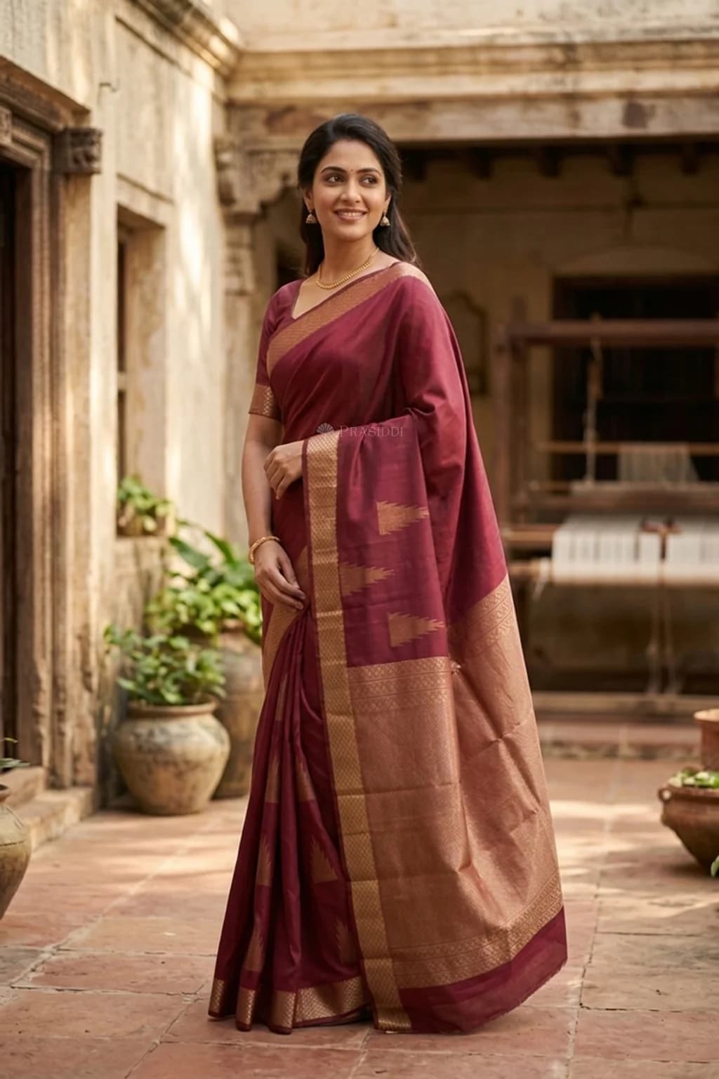 Maroon Silk Saree with Gopuram Motif and Classical Border – Model Displaying Full Saree