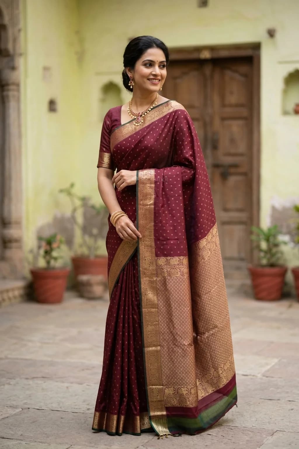 Maroon Silk Saree with Woven Work and Butti Motifs and classical border, designer border border – Model Displaying Full Saree