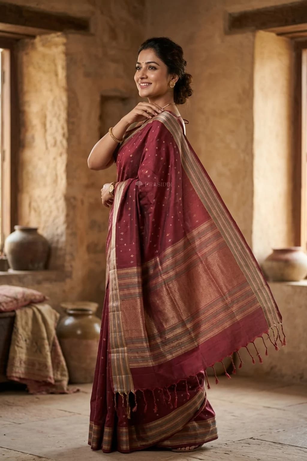 Maroon Soft Silk Saree with Classical Border and Butti Motifs. – Model Displaying Full Saree