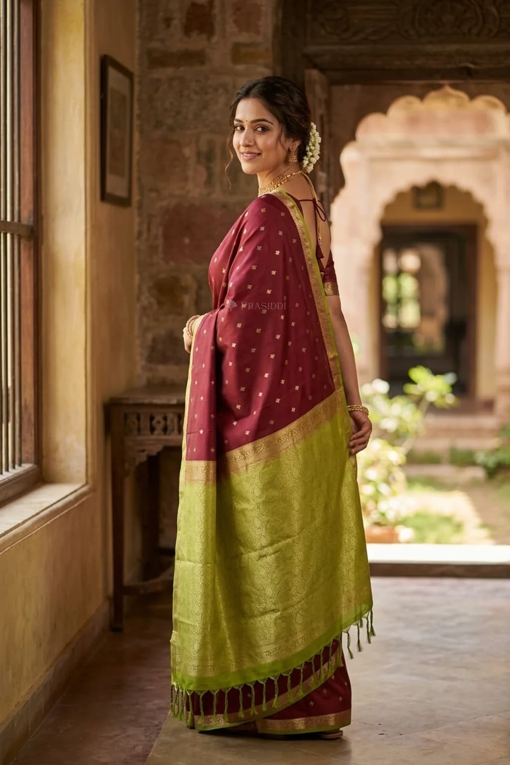 Maroon Soft Silk Saree with Mutted Olive Contrast Border and Butti Motif – Model Displaying Full Saree