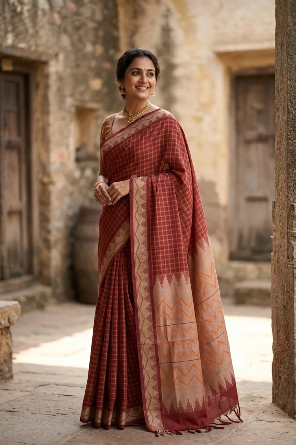 Maroon Tadapathri Cotton Saree with Temple Border and Checked Body – Model Displaying Full Saree