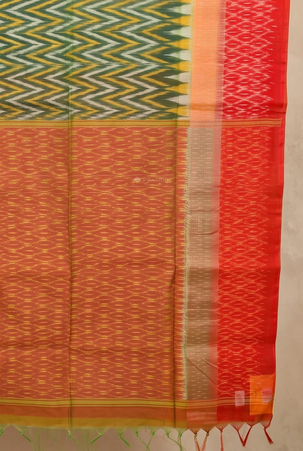 Moss Green Silk Cotton Saree with Orangish Rust Contrast Border – Display Image
