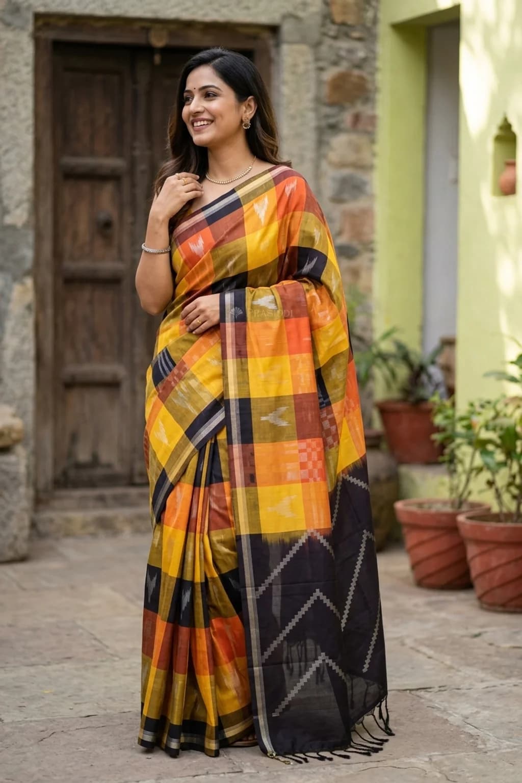 Mustard and Orange Checked Soft Silk Saree with a Black Pallu. – Model Displaying Full Saree