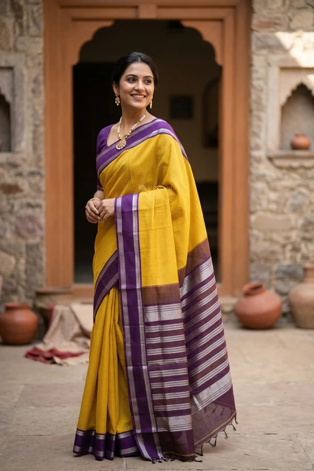 Mustard and Purple Soft Silk Saree with a Contrast Border and Woven Design. – Model Displaying Full Saree