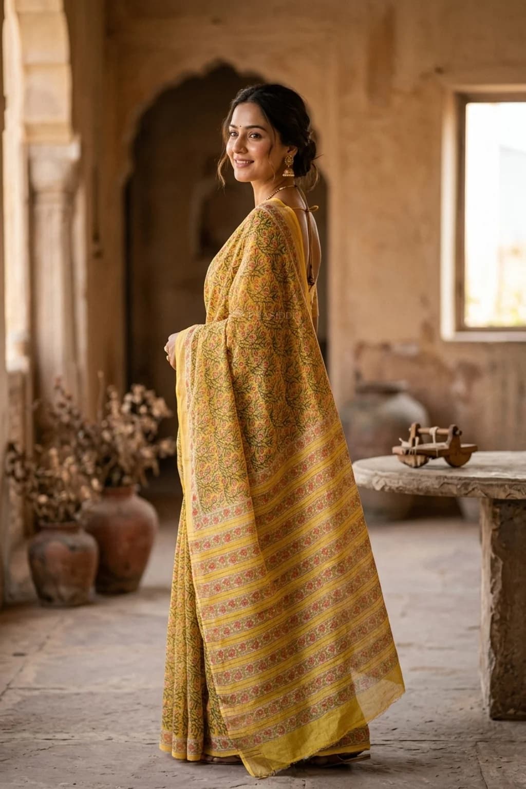 Mustard Maheshwari Silk Cotton Saree with Printed Design and Border – Model Displaying Full Saree