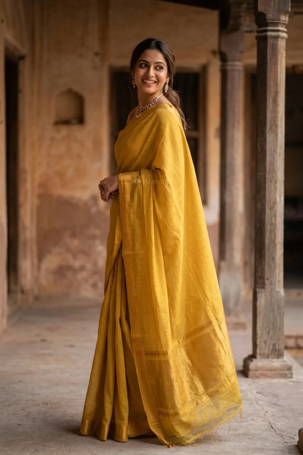 Mustard Mangalgiri Cotton Saree with Minimal Border and Woven Design. – Model Displaying Full Saree
