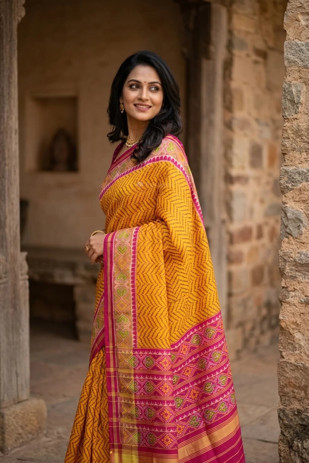 Mustard Patola Silk Saree with Pink Border and Pallu – Model Displaying Full Saree