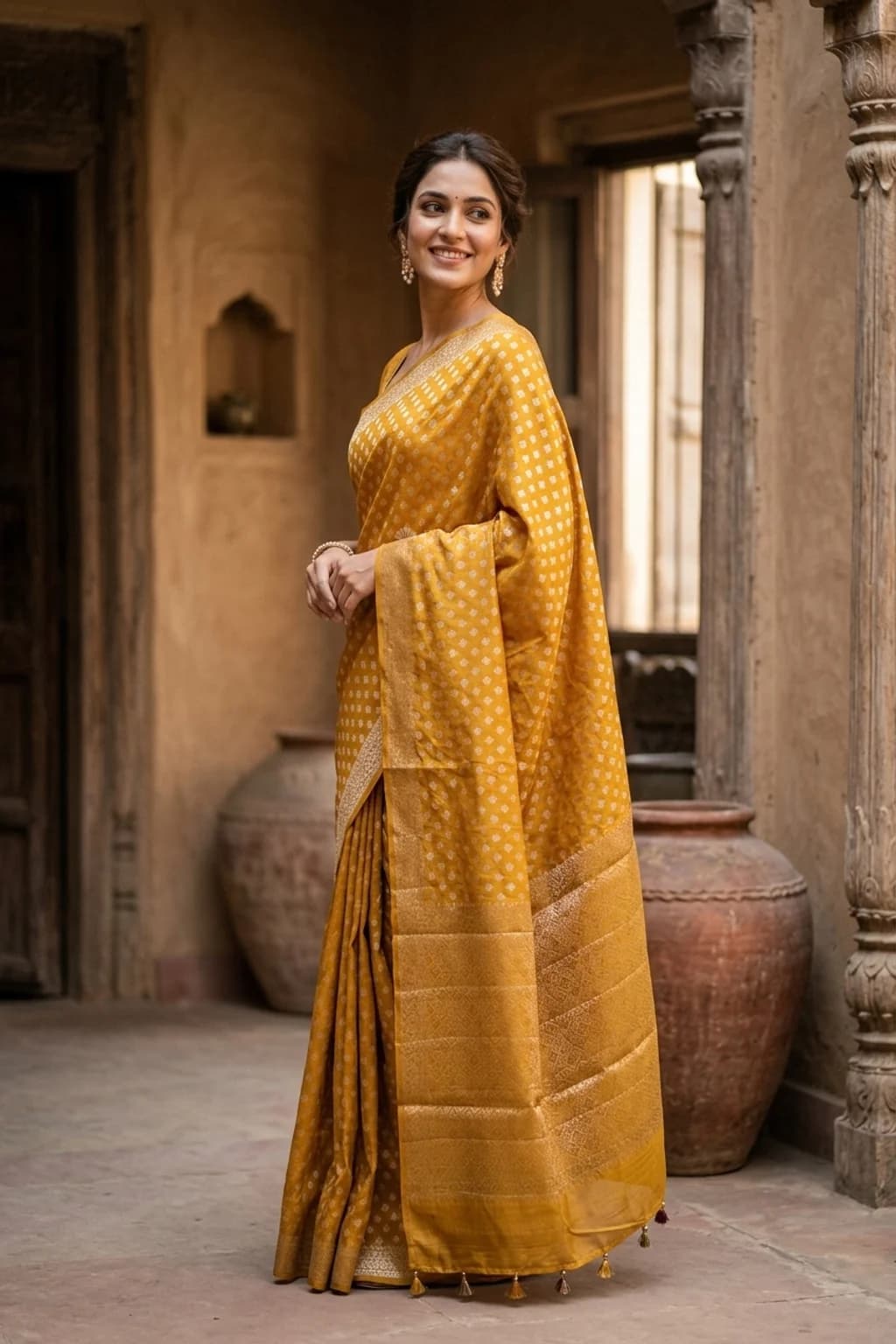 Mustard Silk Cotton Saree with Butti Design and Classical Border. – Model Displaying Full Saree
