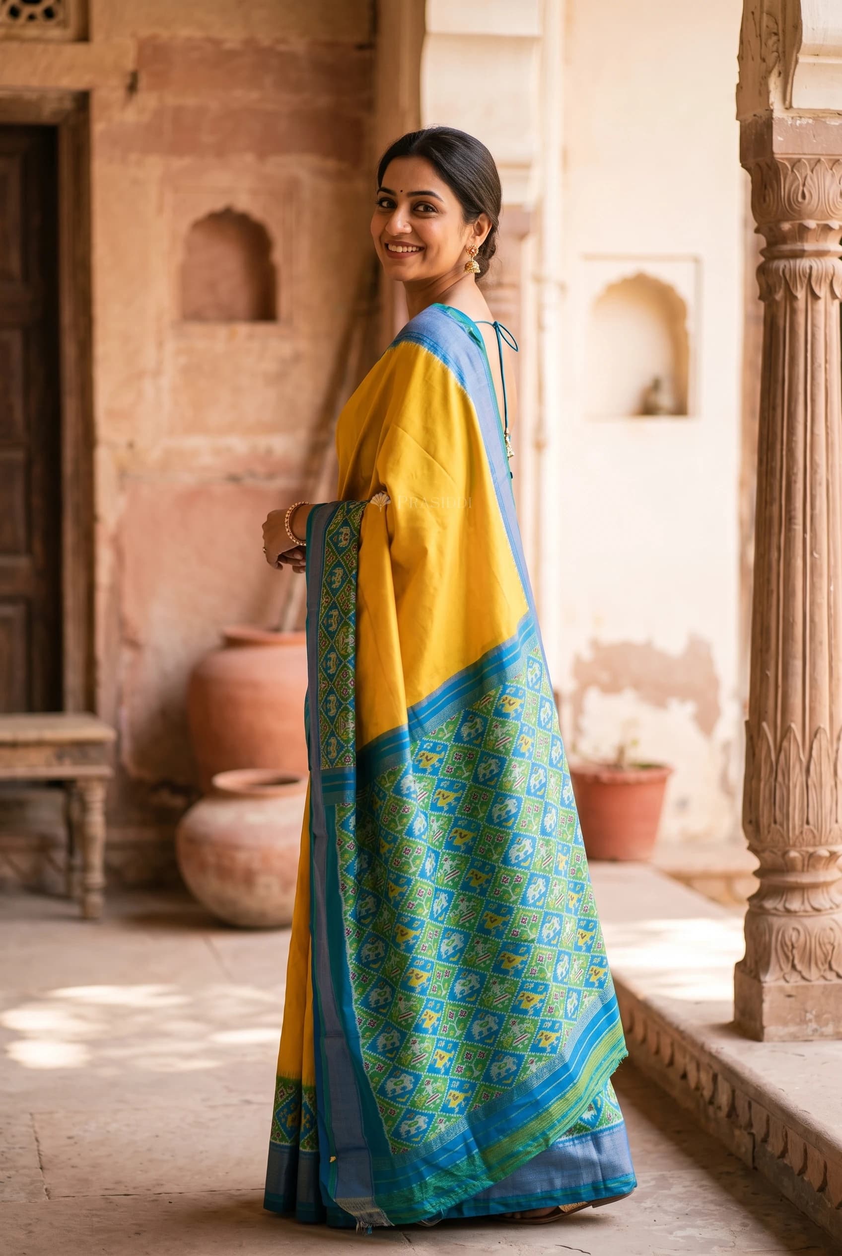 Mustard Yellow and Royal Blue Ikat Silk Saree with Contrast Woven Zari Border. – Model Displaying Full Saree