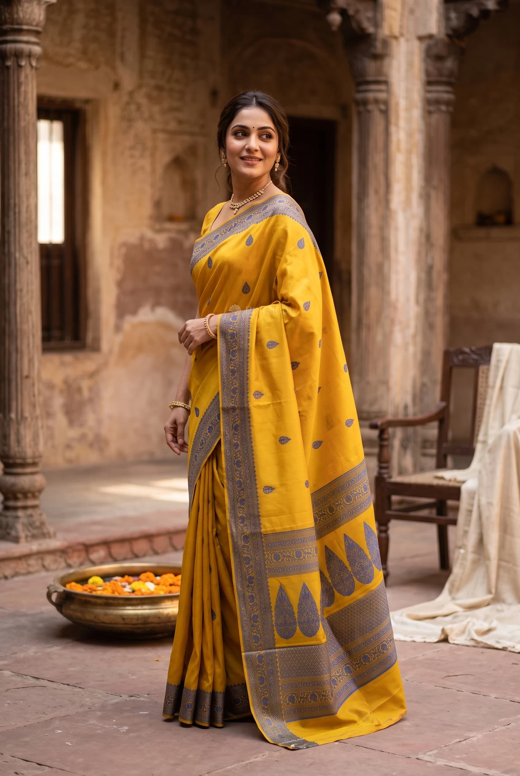 Mustard Yellow and Royal Blue Silk Saree with Designer Border and Woven Thread Motifs. – Model Displaying Full Saree
