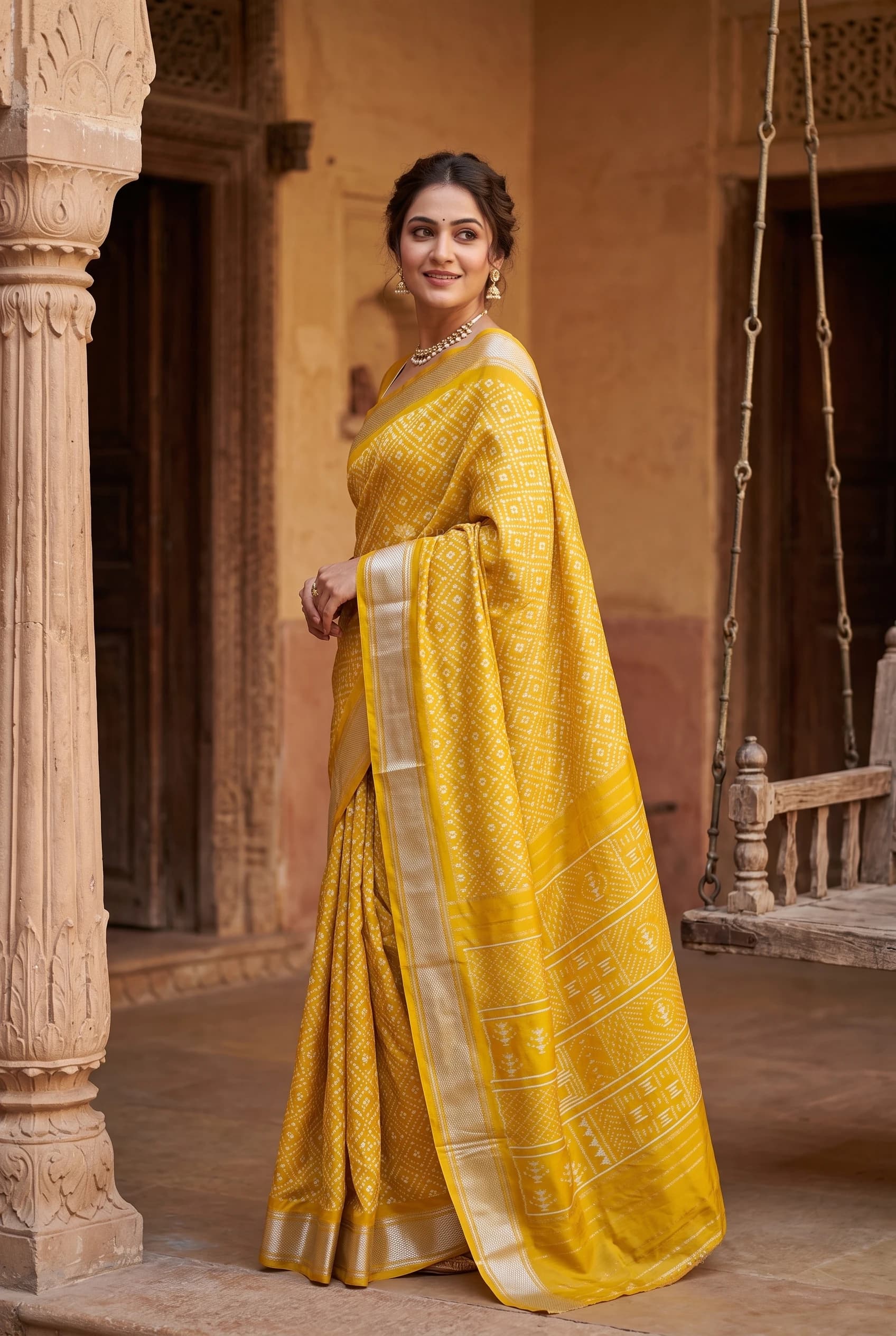 Mustard Yellow Ikat Silk Saree with Classical Border and Intricate Woven Design. – Model Displaying Full Saree