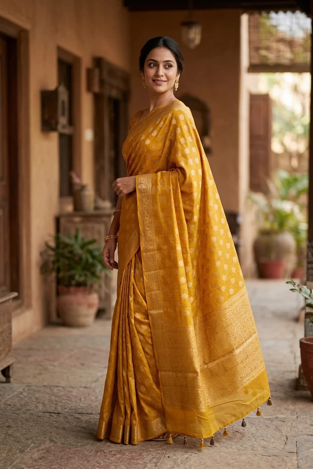 Mustard Yellow Silk Cotton Saree with Woven Work and Butti Motifs and classical border border – Model Displaying Full Saree