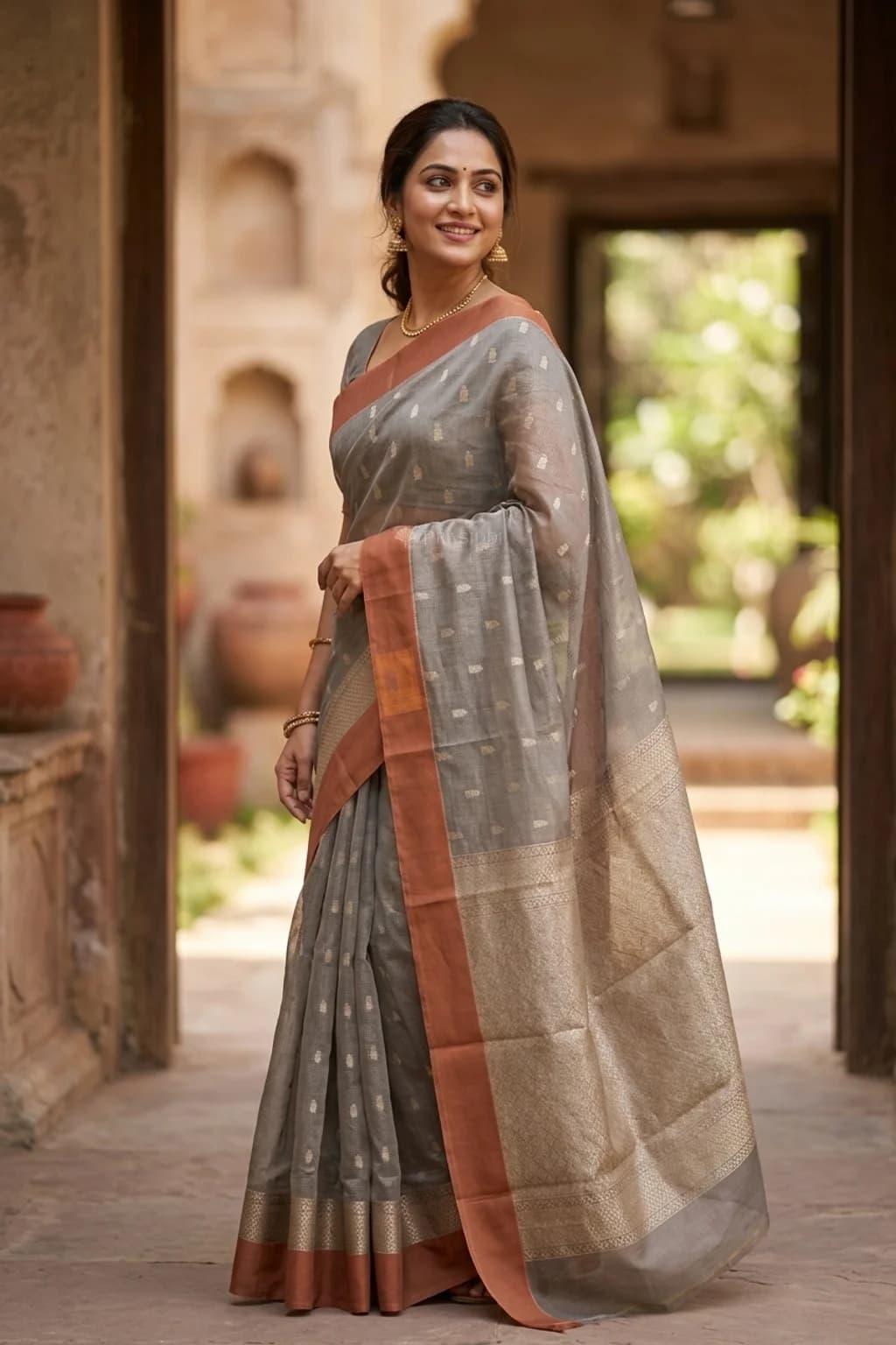 Muted Grey and Brown Butti Silk Cotton Saree with Classical Contrast Border – Model Displaying Full Saree
