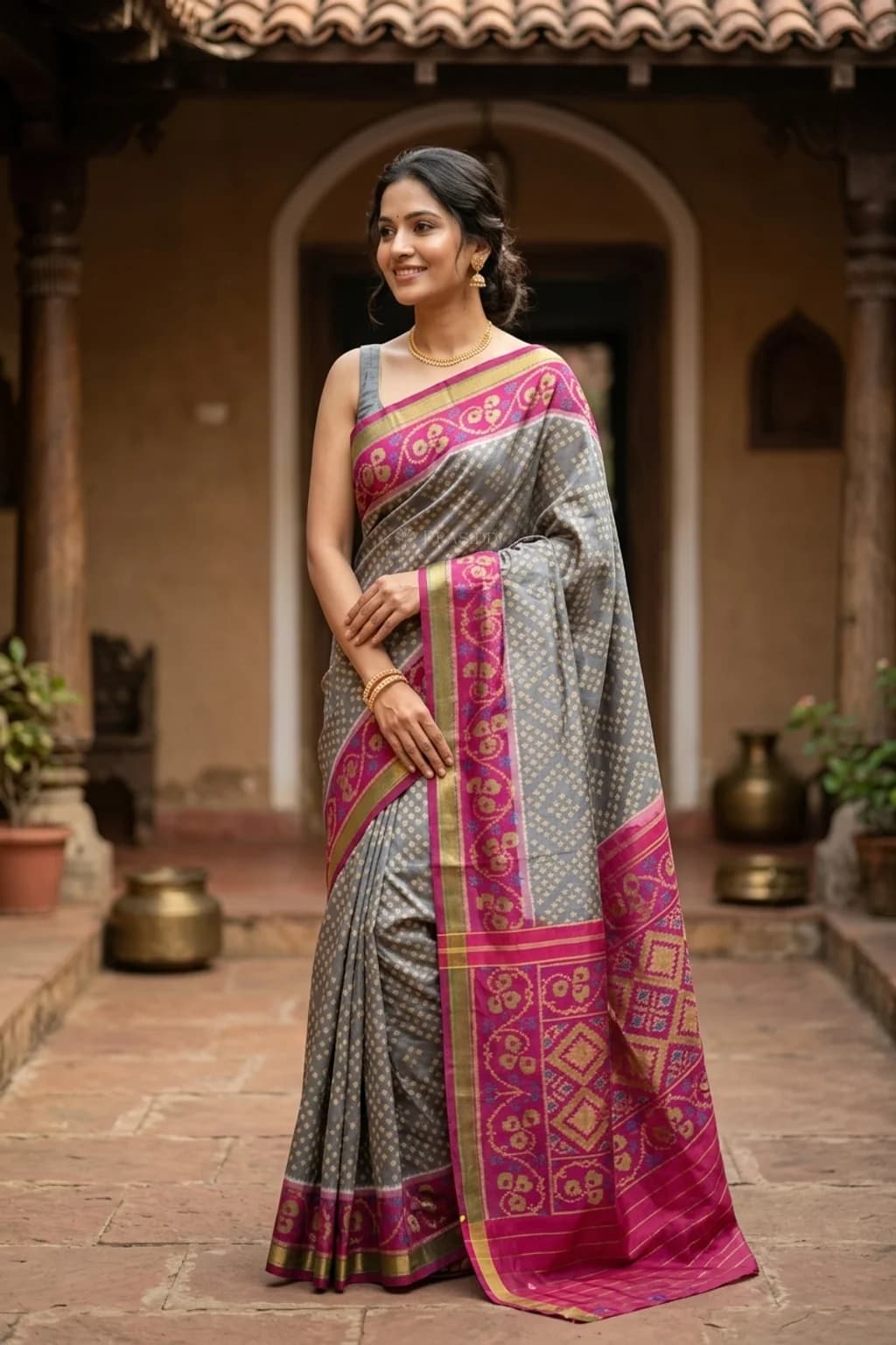 Muted Grey and Pink Patola Silk Saree with Intricate Design and Rich Border – Model Displaying Full Saree