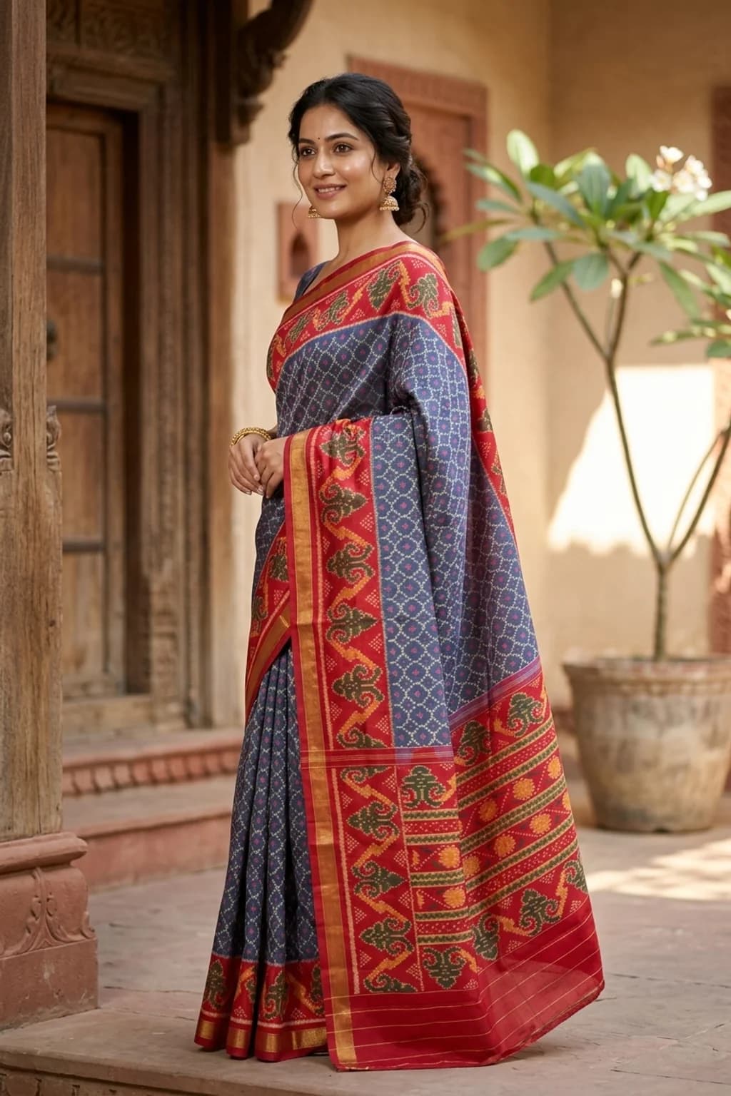 Muted Grey and Reddish Orange Patola Silk Saree with Classical Contrast Border – Model Displaying Full Saree