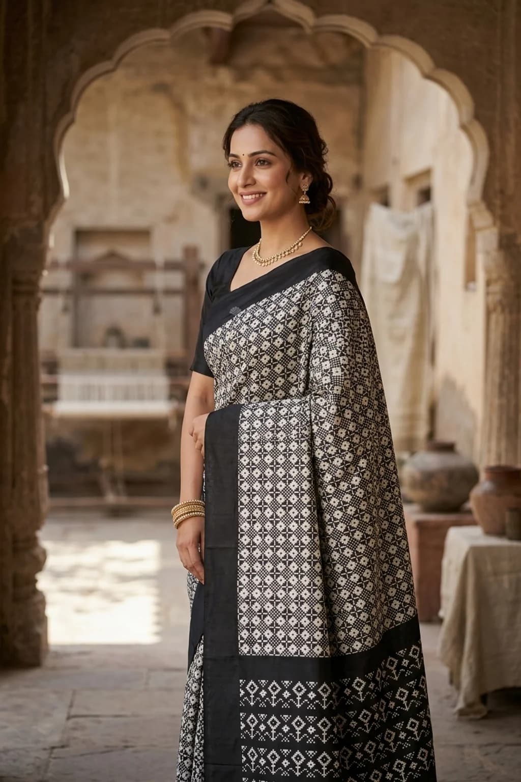 Muted Grey & Black Ikat Silk Saree with Woven Work and Contrast Border – Model Displaying Full Saree