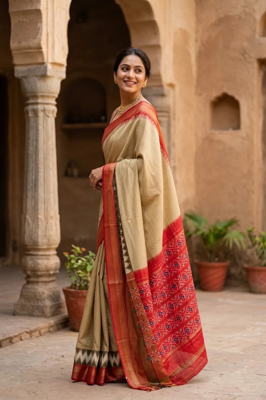 Mutted Olive Color and Red Ikat Silk Saree with a Double Contrast Border – Model Displaying Full Saree