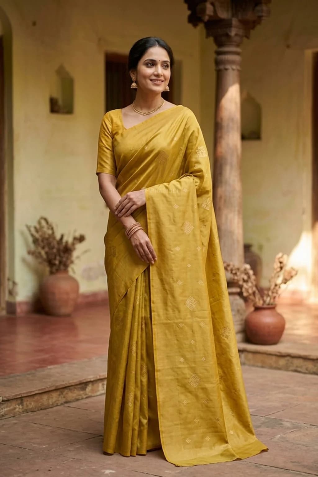 Mutted Olive Color Silk Saree with Zari Motifs – Model Displaying Full Saree