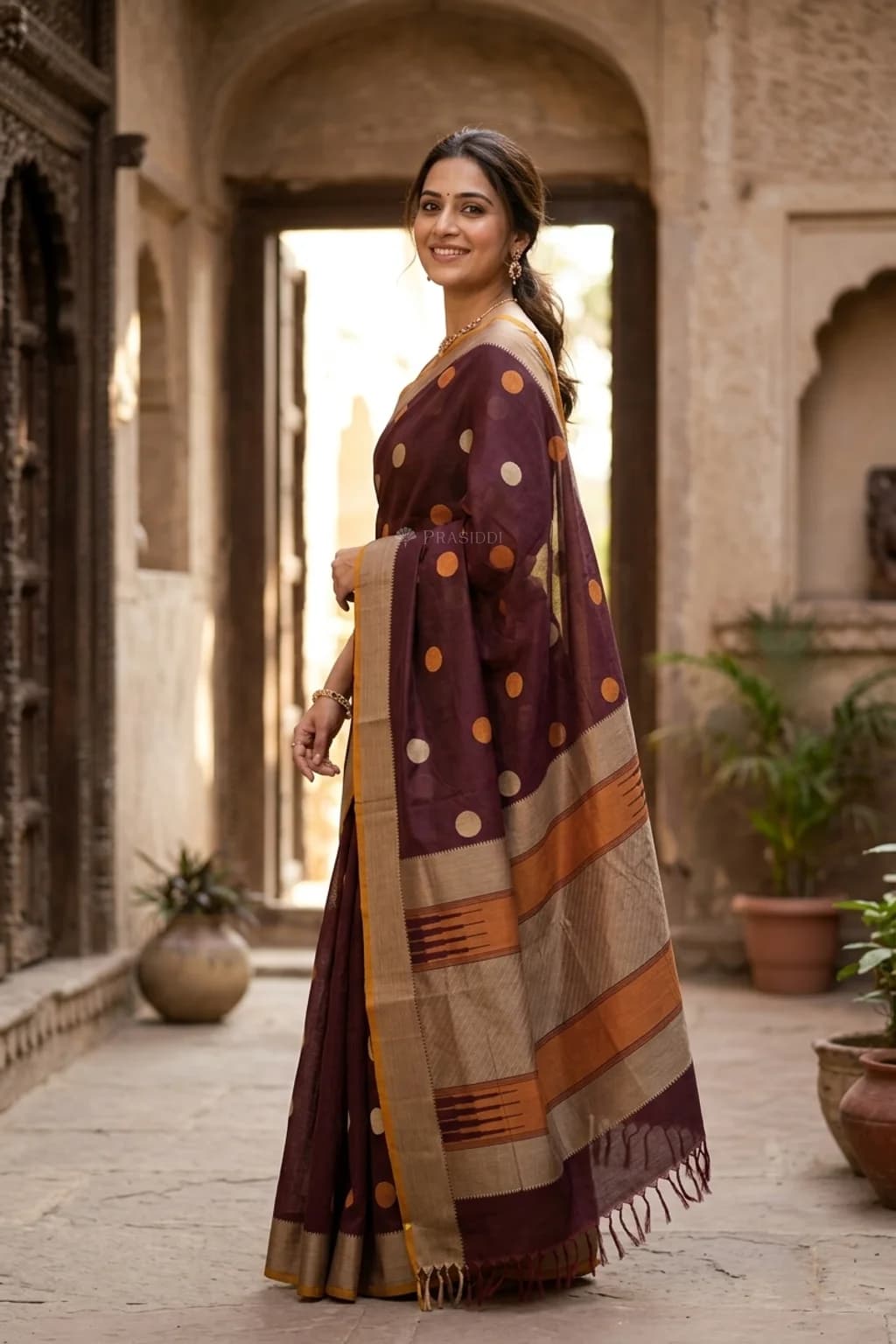 Mutted Olive Tadapathri Cotton Saree with Polka Motif and Classical Contrast Border. – Model Displaying Full Saree