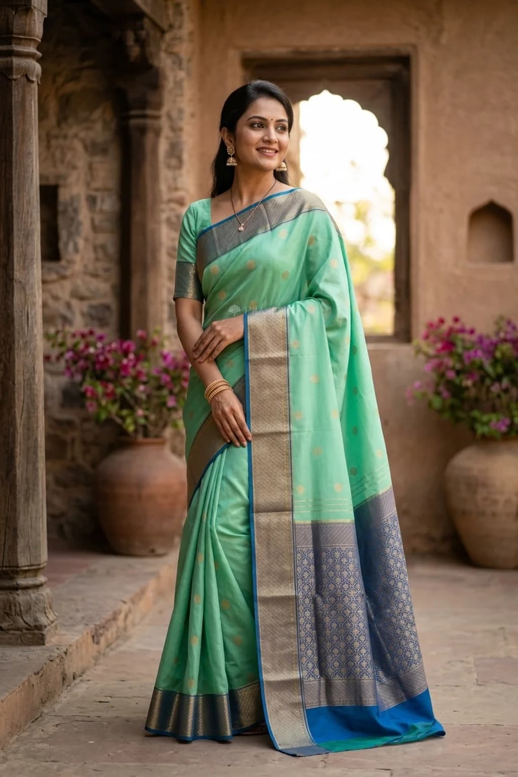 Emerald Green Mysore Silk Saree with Teal Contrast Border and Woven Motifs – Model Displaying Full Saree