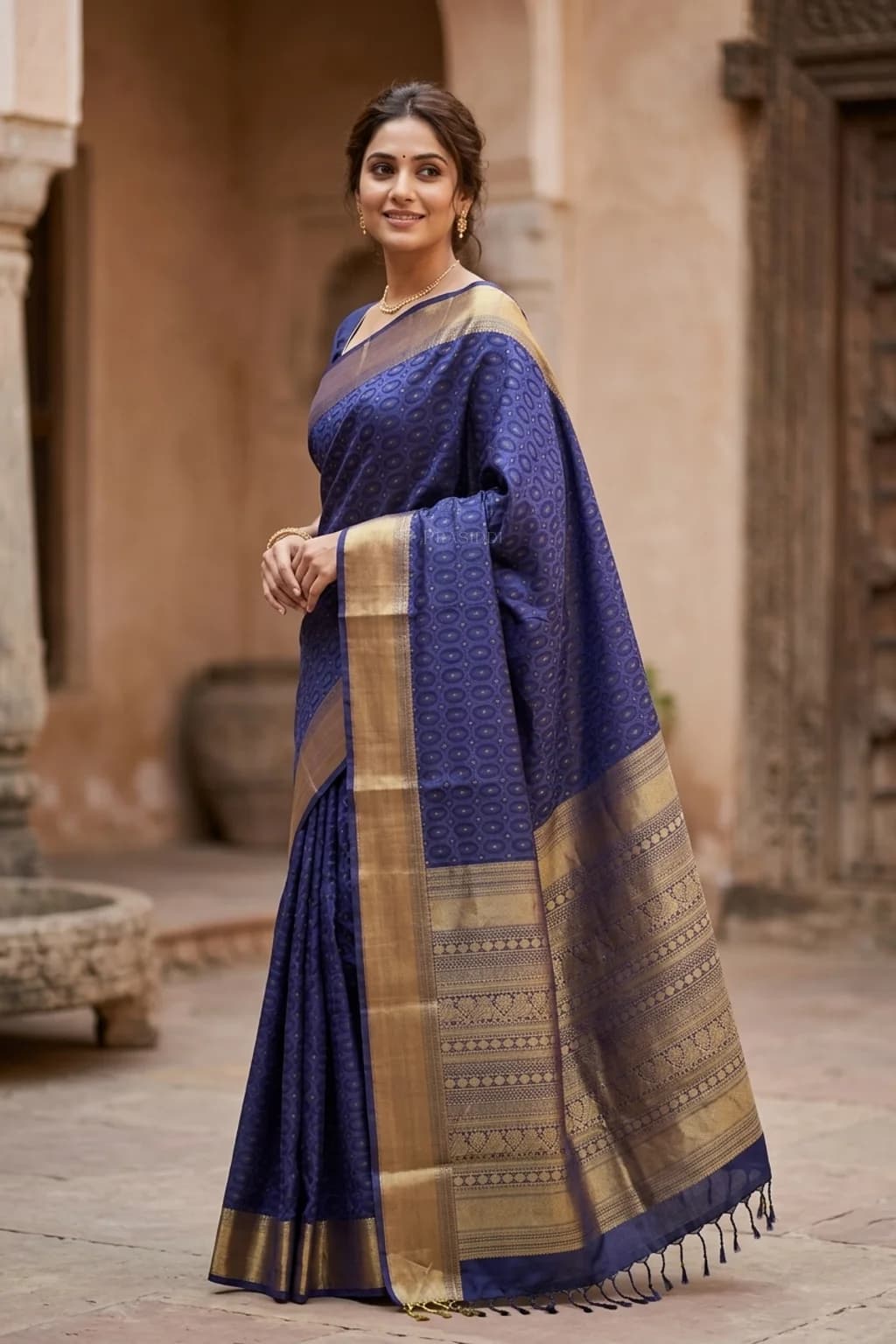 Navy Blue Soft Silk Saree with Classical Border and Butti Motifs. – Model Displaying Full Saree
