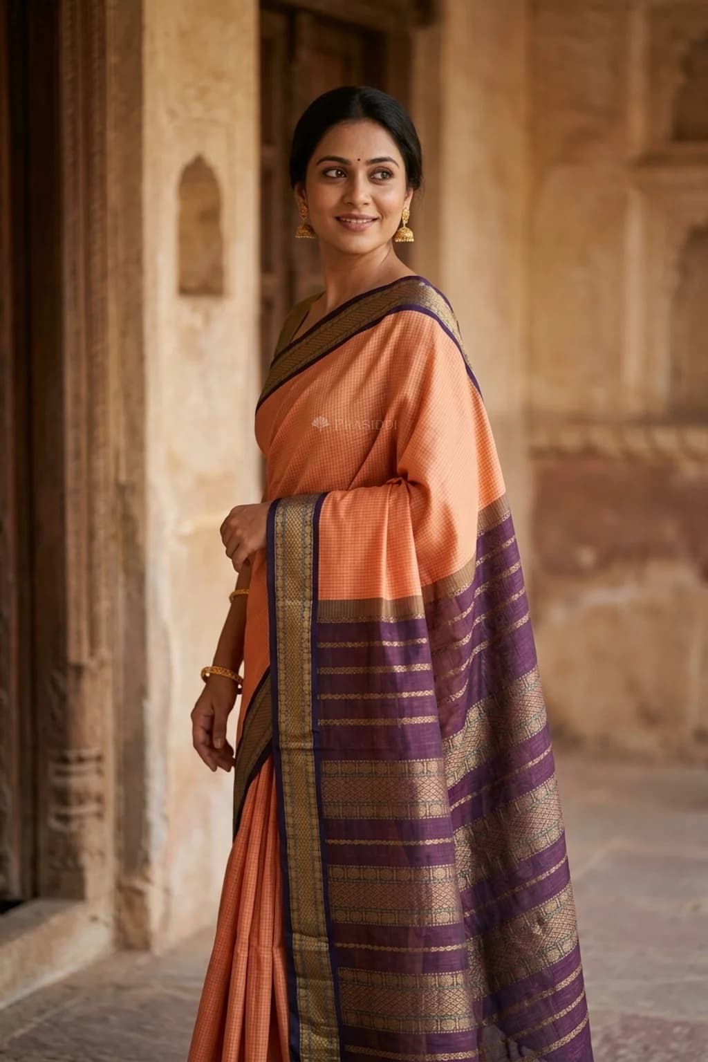 Nude Brown Pattur Silk Cotton Saree with Classical Border and Grand Pallu – Model Displaying Full Saree