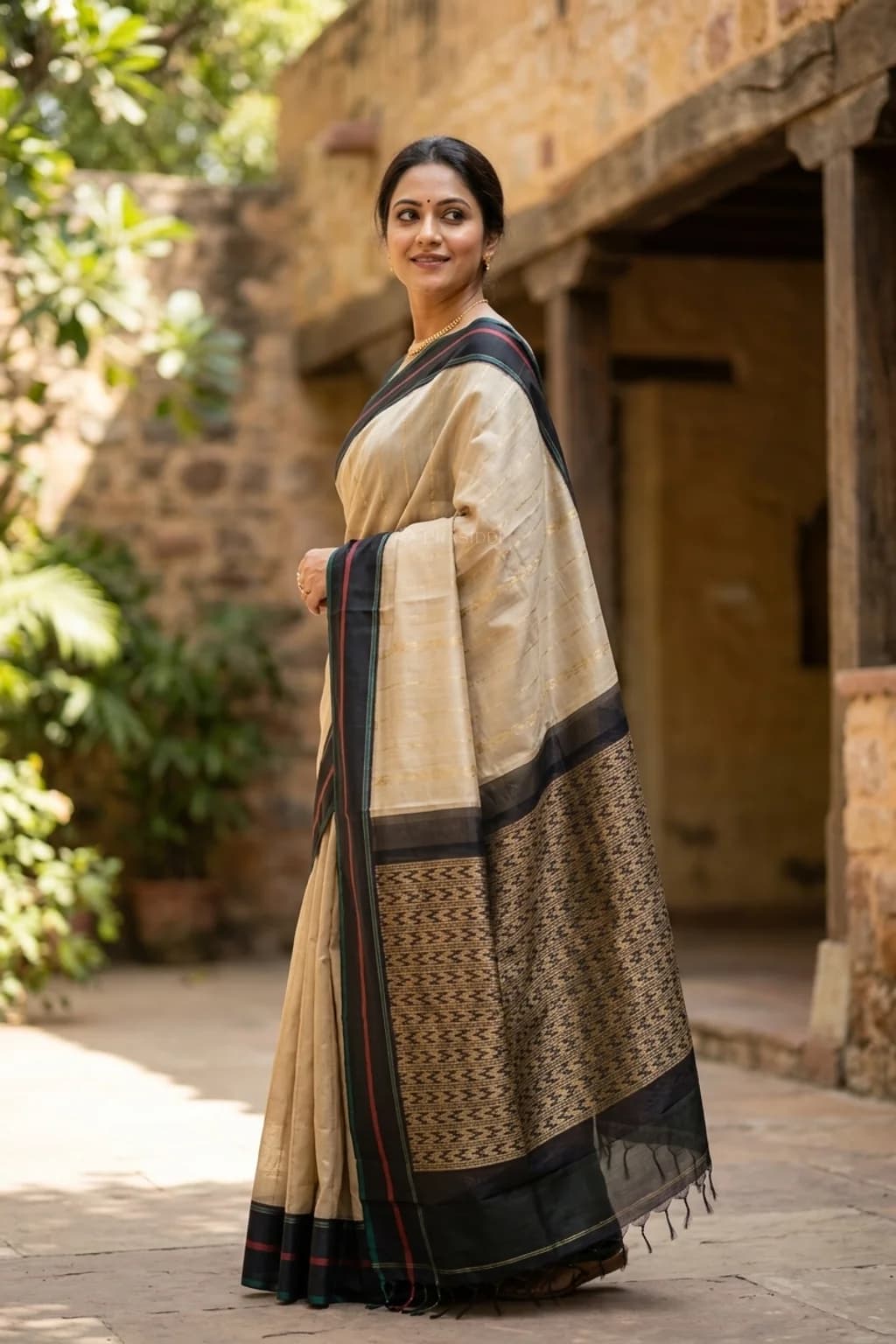 Off White and Black Contrast Border Soft Silk Saree Displayed Elegantly – Model Displaying Full Saree