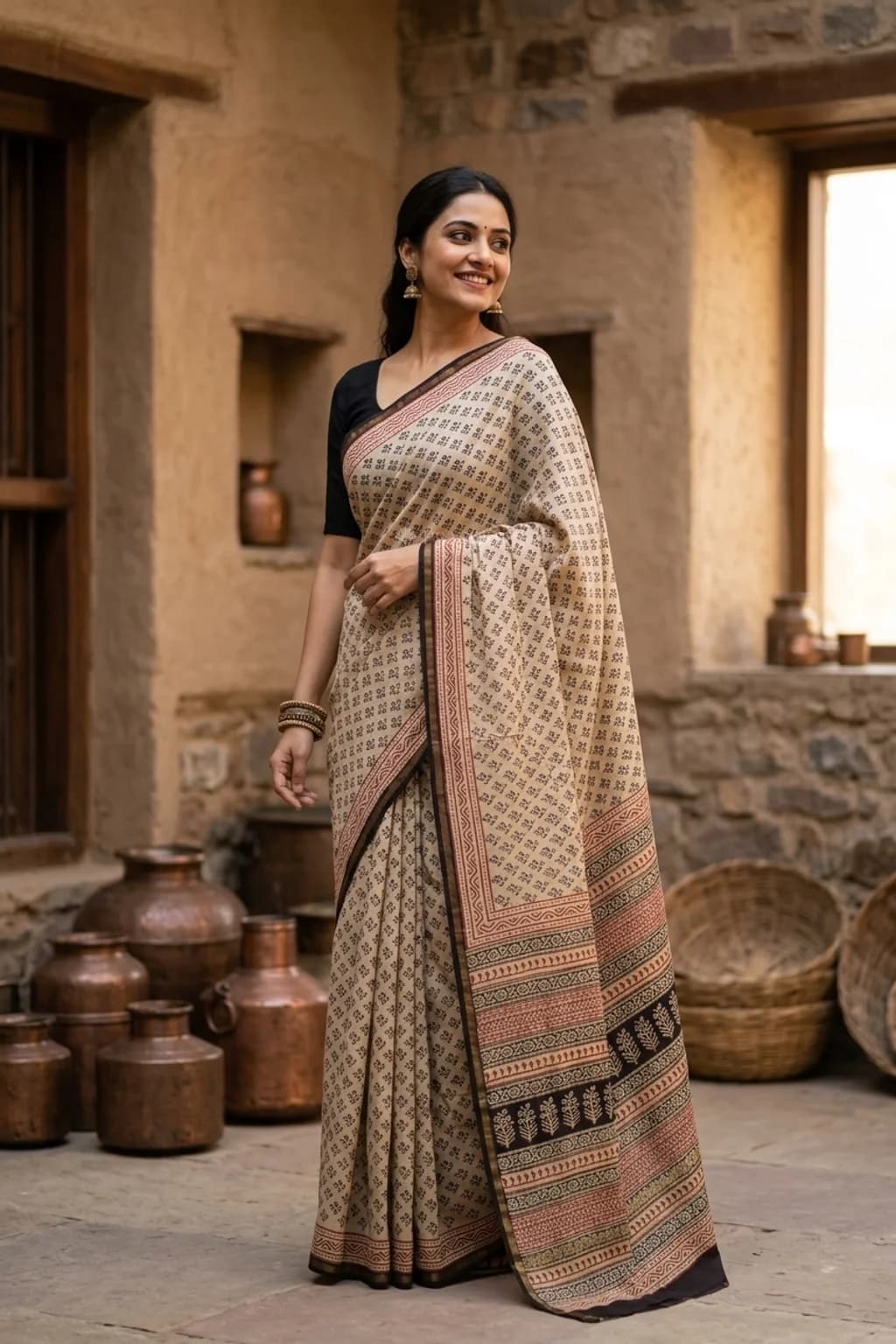 Off White and Elephant Grey Maheshwari Silk Cotton Saree with Contrast Woven Zari Border. – Model Displaying Full Saree