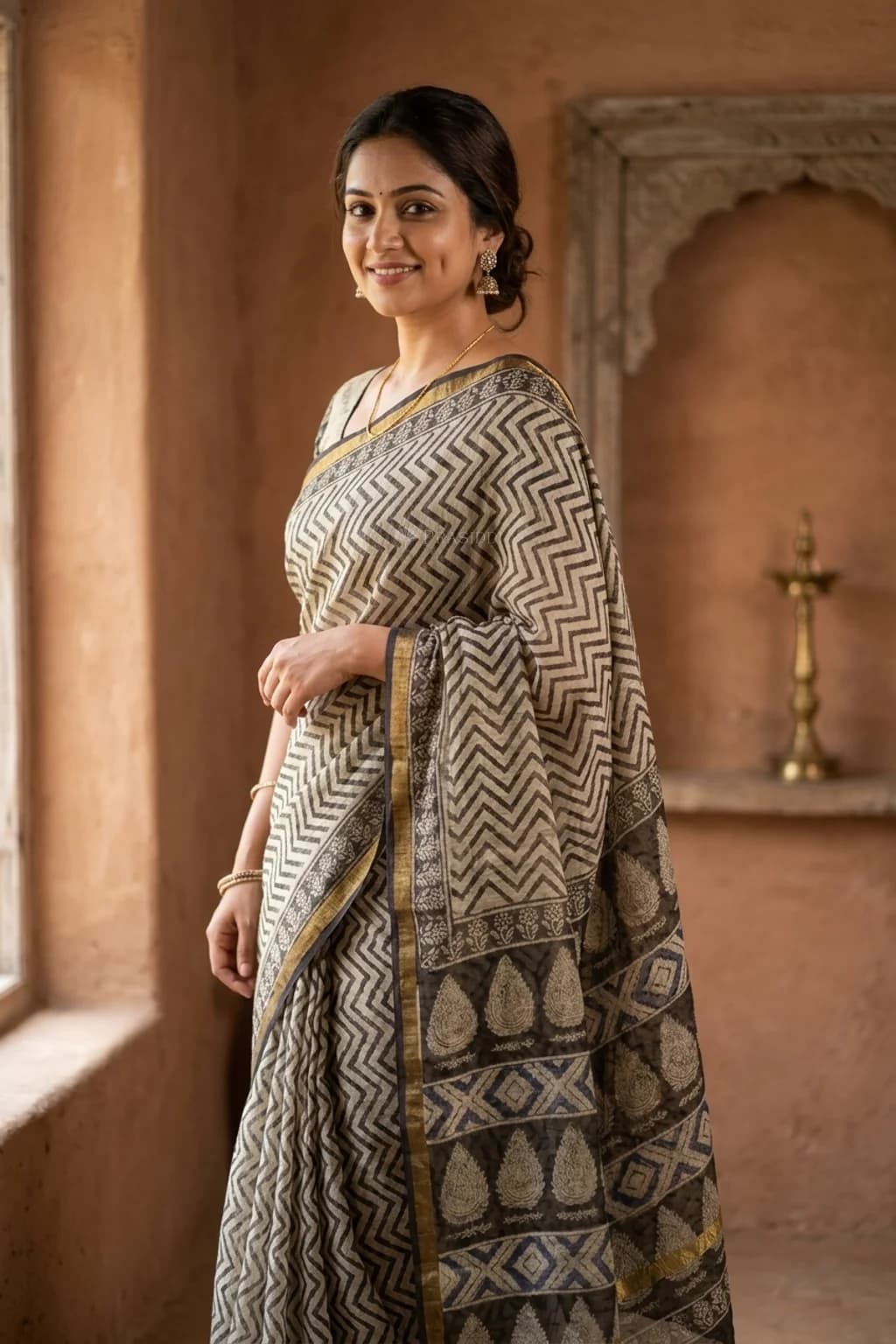 Off White and Elephant Grey Maheshwari Silk Cotton Saree with Small Zari Border and Printed Design. – Model Displaying Full Saree