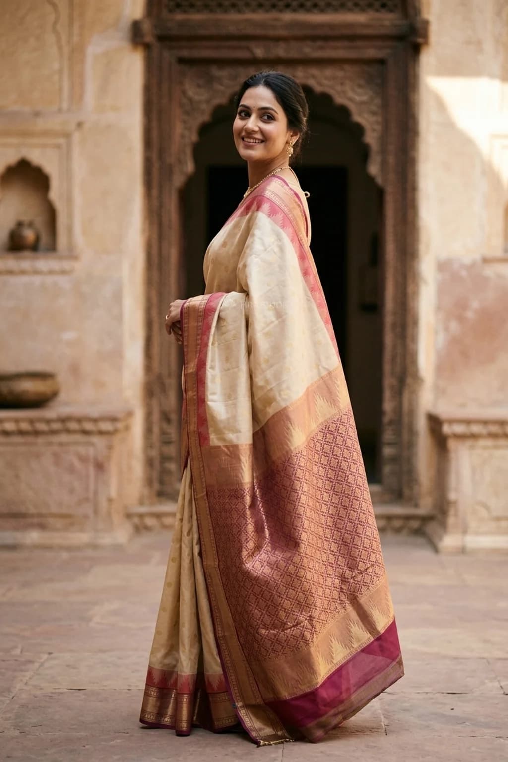 Off White and Purple Silk Saree with Butti Motifs and Contrast Border – Model Displaying Full Saree