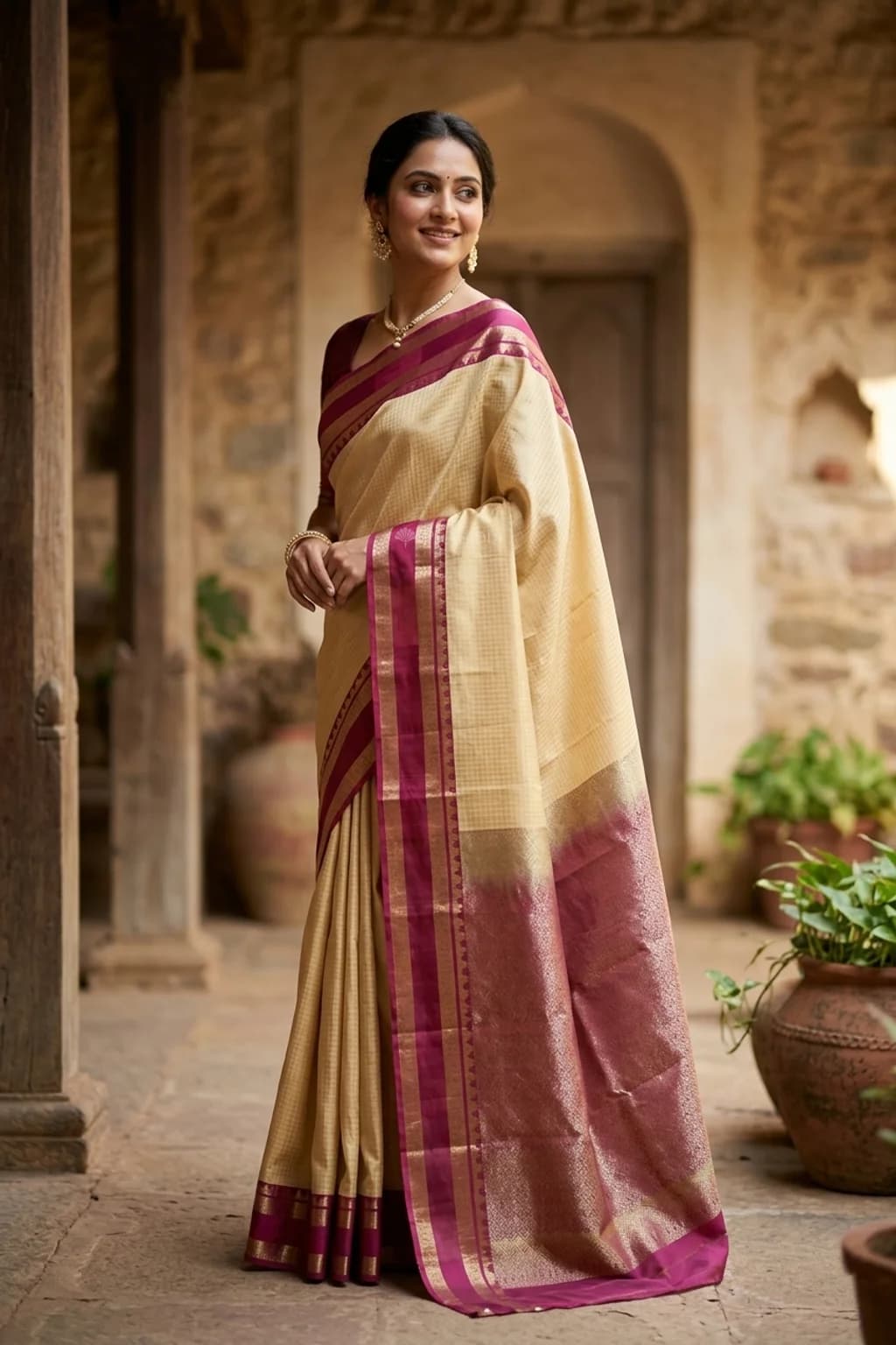 Off White and Purple Silk Saree with Classical Double Border – Model Displaying Full Saree