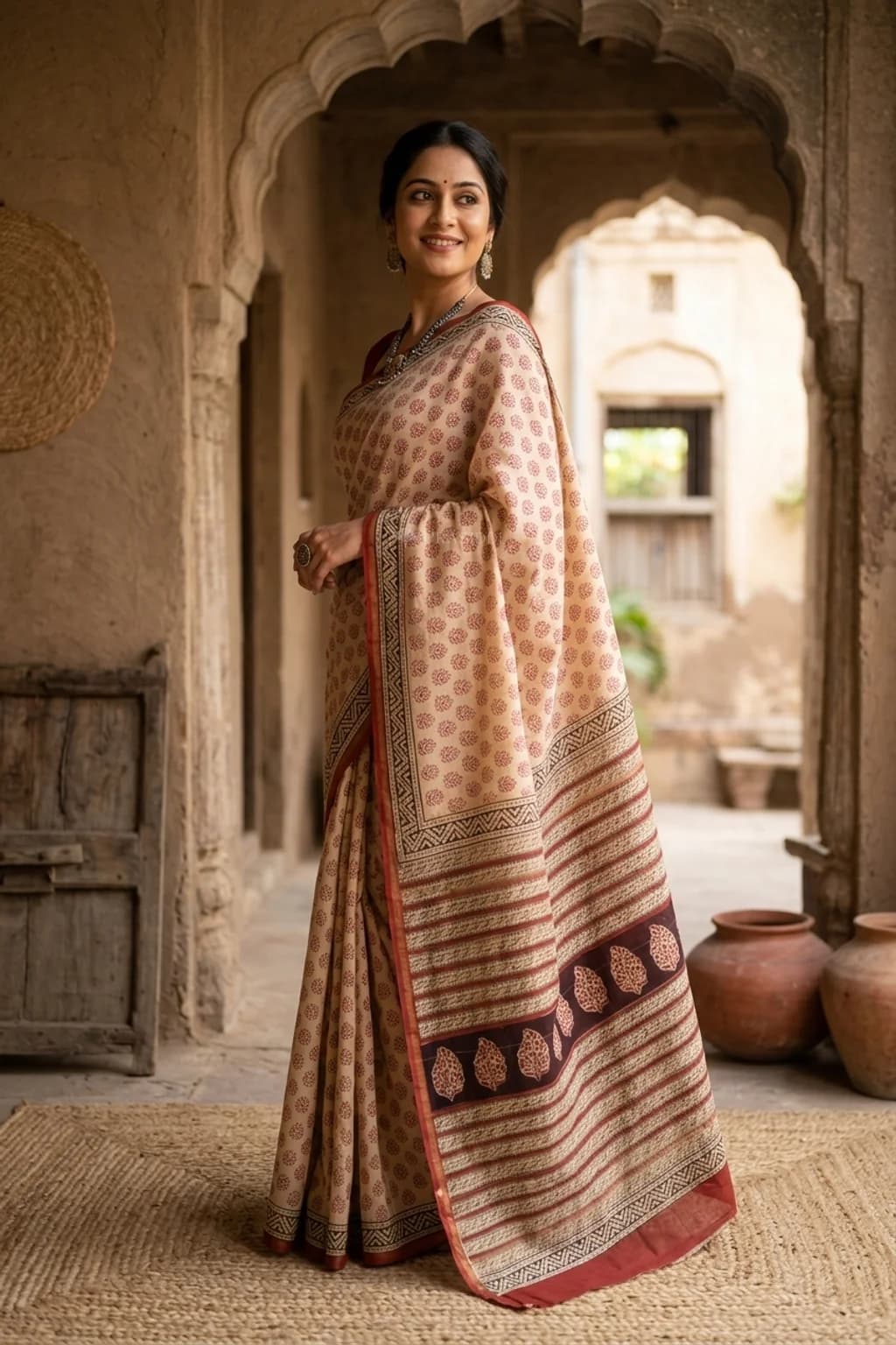 Off White and Rustic Orange Maheshwari Silk Cotton Saree with Contrast Woven Zari Border – Model Displaying Full Saree