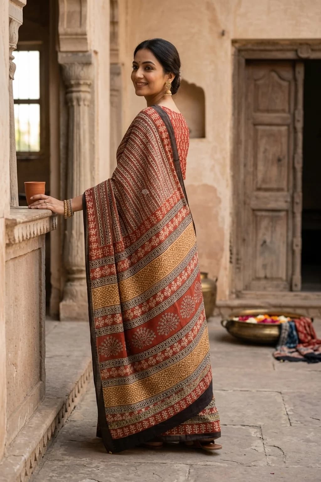 Off White and Rustic Orange Maheshwari Silk Cotton Saree with Dark Grey Contrast Woven Zari Border. – Model Displaying Full Saree