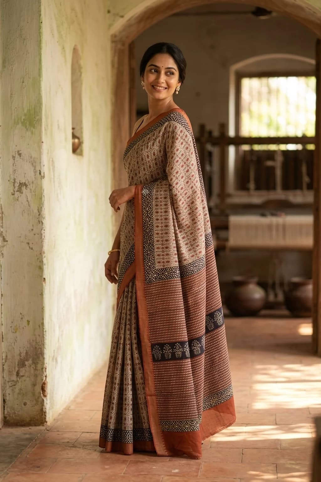 Off White and Rustic Red Maheshwari Silk Cotton Saree with Contrast Border – Model Displaying Full Saree