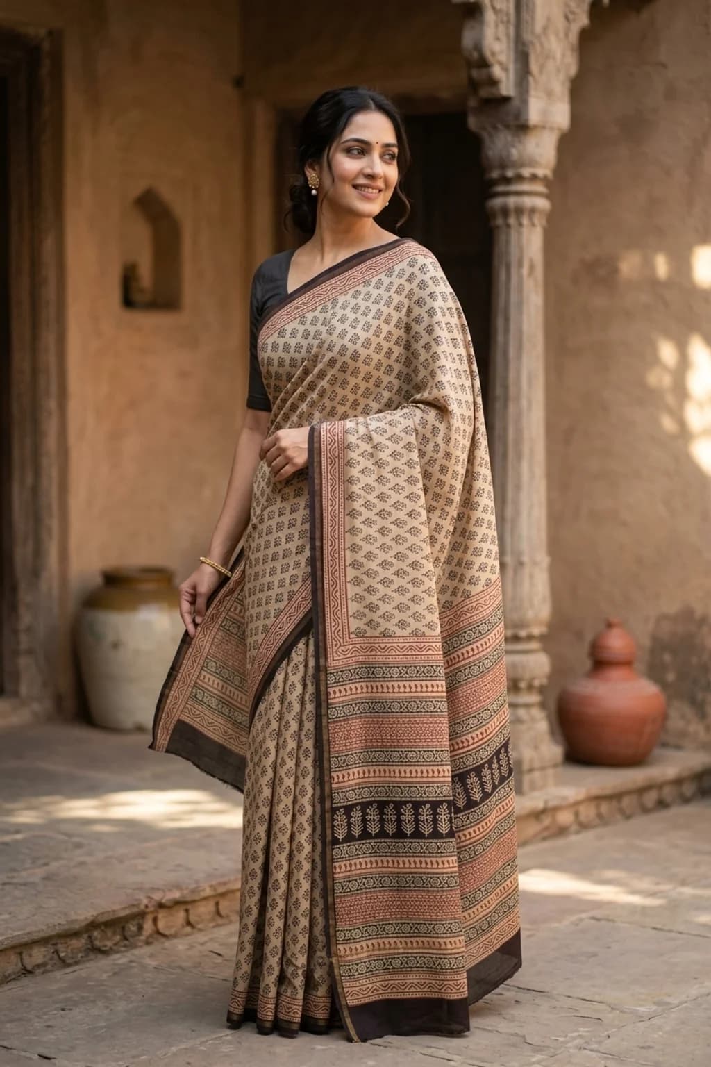 Off White and Taupe Maheshwari Silk Cotton Saree with Contrast Woven Zari Border – Model Displaying Full Saree