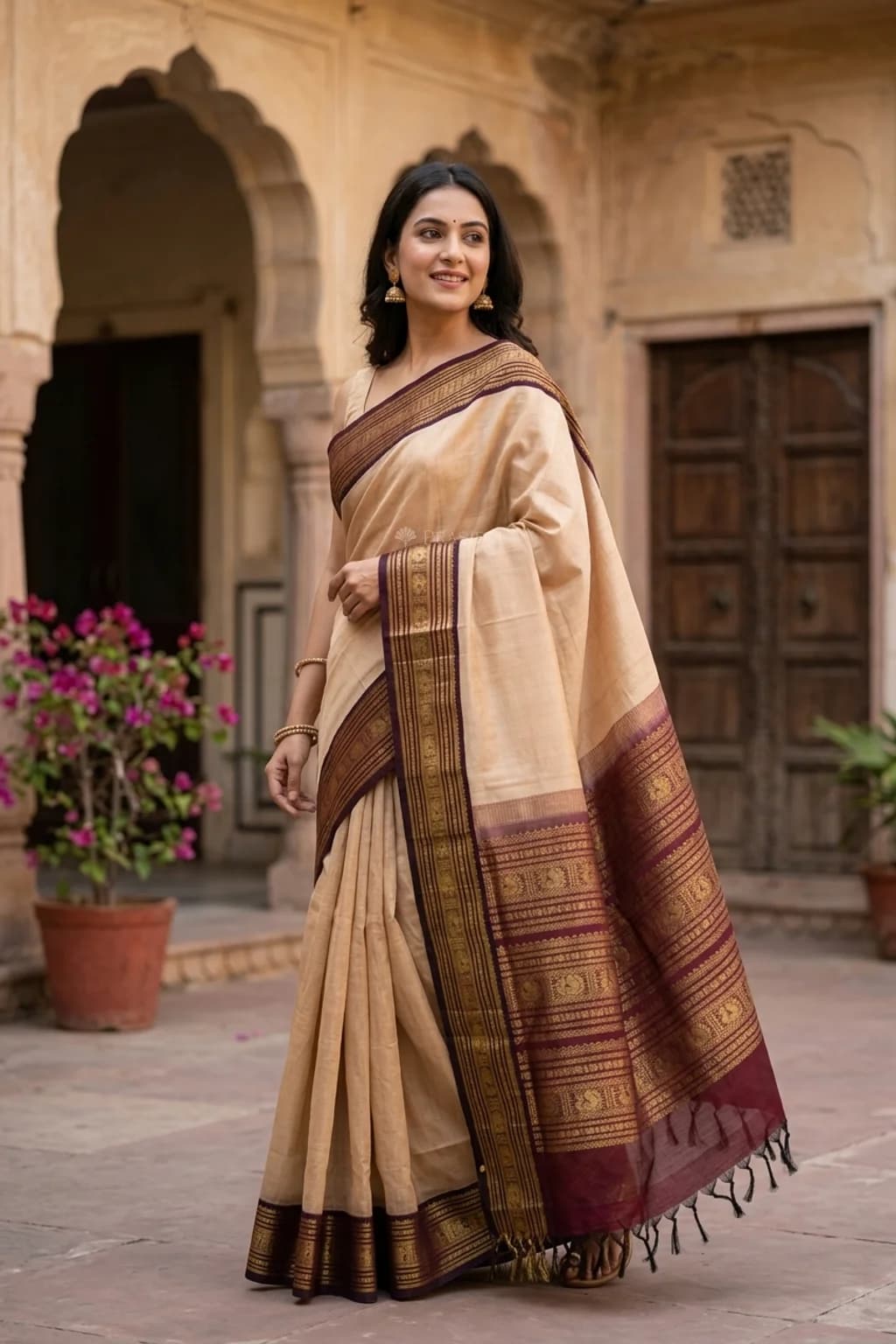 Off White Brown Contrast Woven Zari Pattur Silk Cotton Saree Displayed Elegantly. – Model Displaying Full Saree