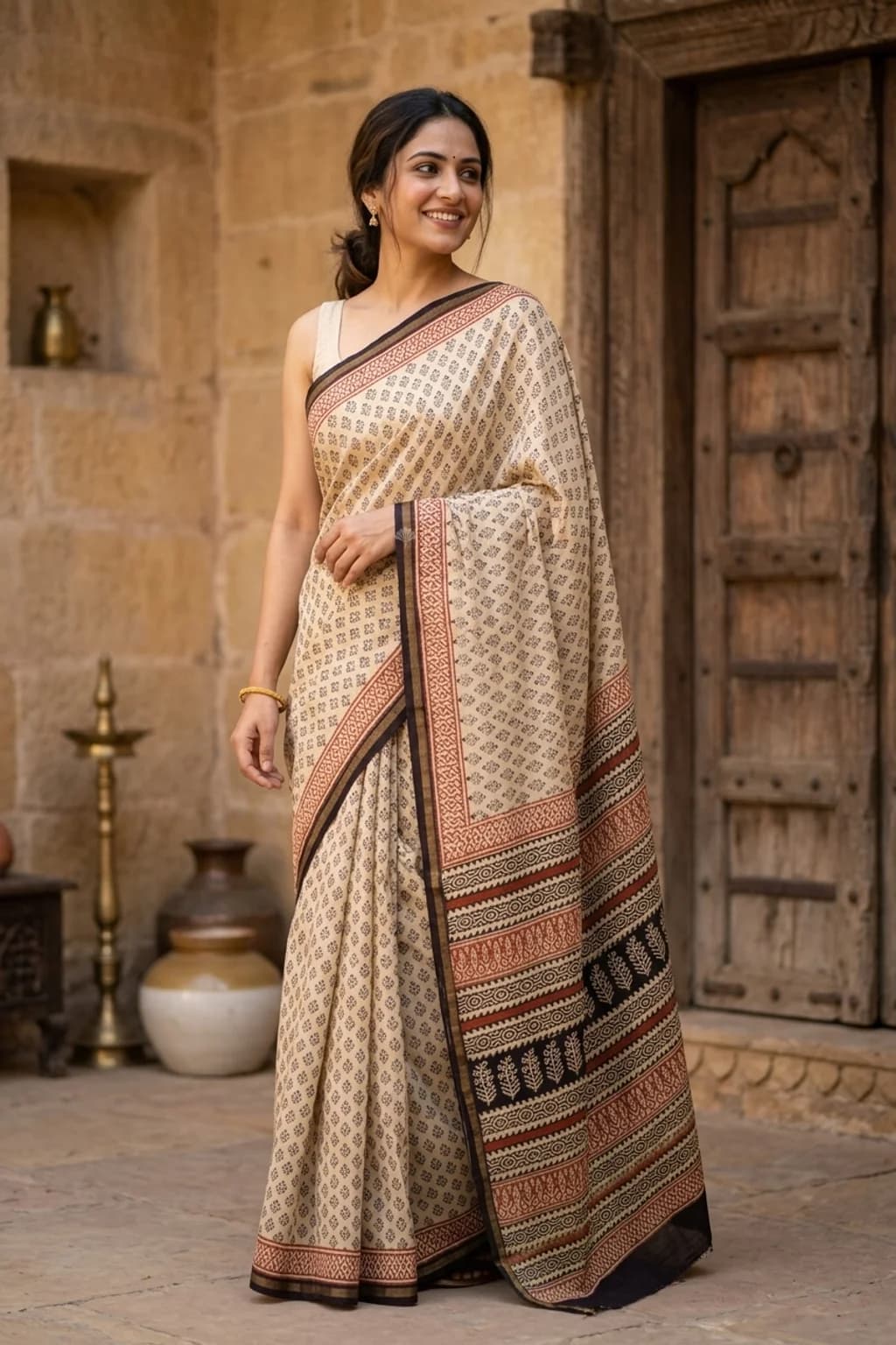 Off White & Elephant Grey Maheshwari Silk Cotton Saree with Printed Work and Contrast Border, Small Zari Border – Model Displaying Full Saree