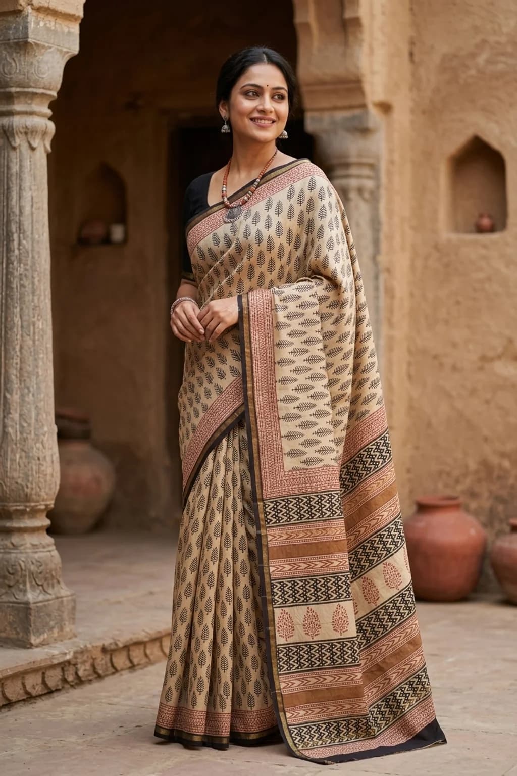 Off White Maheshwari Silk Cotton Saree with Dark Grey Border and Brown Pallu. – Model Displaying Full Saree