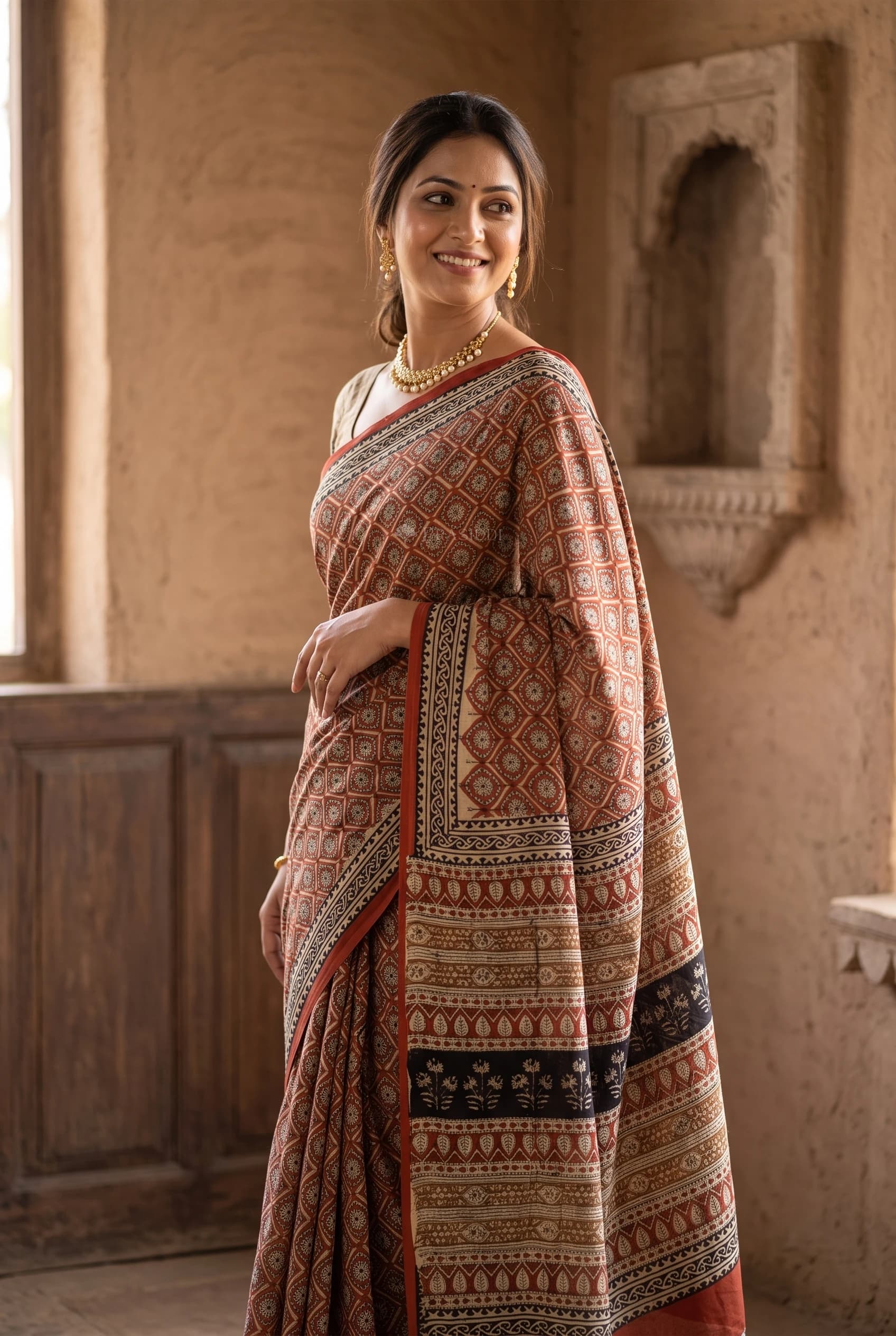 Off White Maheshwari Silk Cotton Saree with Rustic Red Border and Dark Grey Pallu – Model Displaying Full Saree