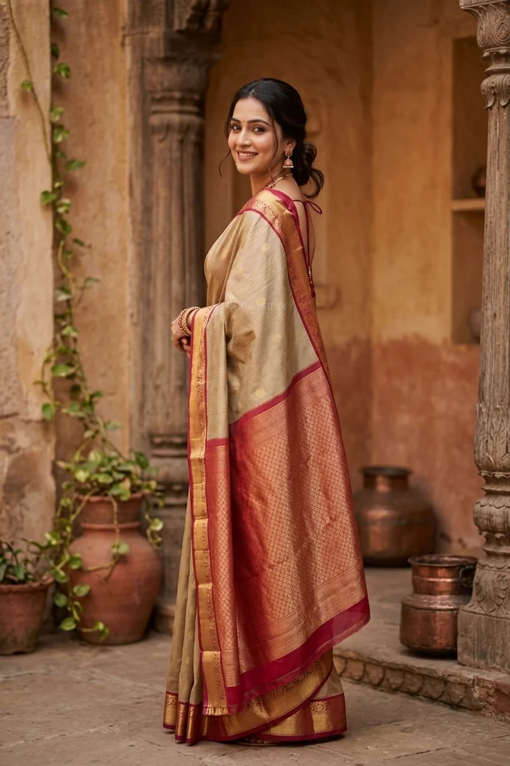 Off White & Purple Silk Saree with Woven Work and Motif and classical border, contrast border border – Model Displaying Full Saree