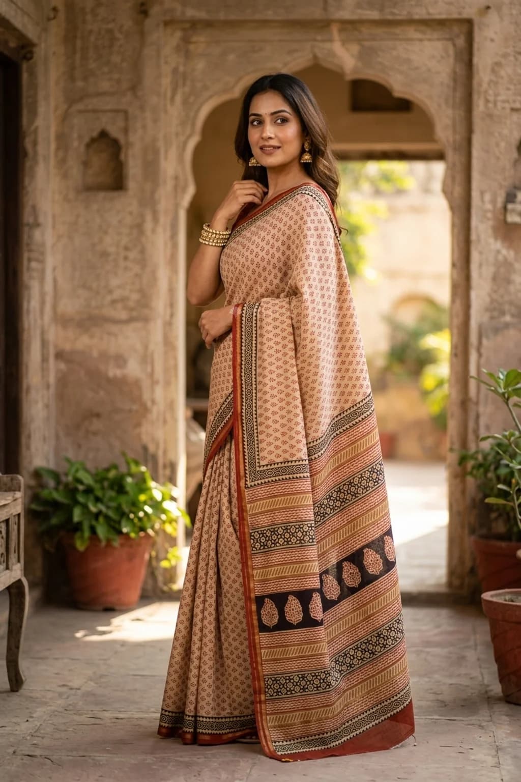 Off White Rust Maheshwari Silk Cotton Saree with Contrast Woven Zari Border – Model Displaying Full Saree